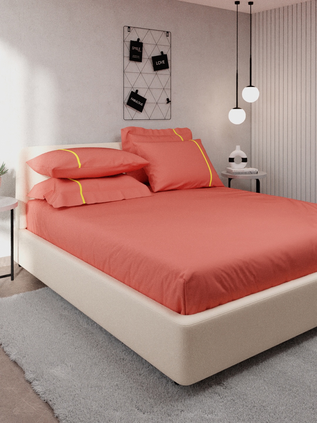 Stoa Paris Peach Solid 144 TC Cotton King SIze Bedsheet With 4 Pillow Covers