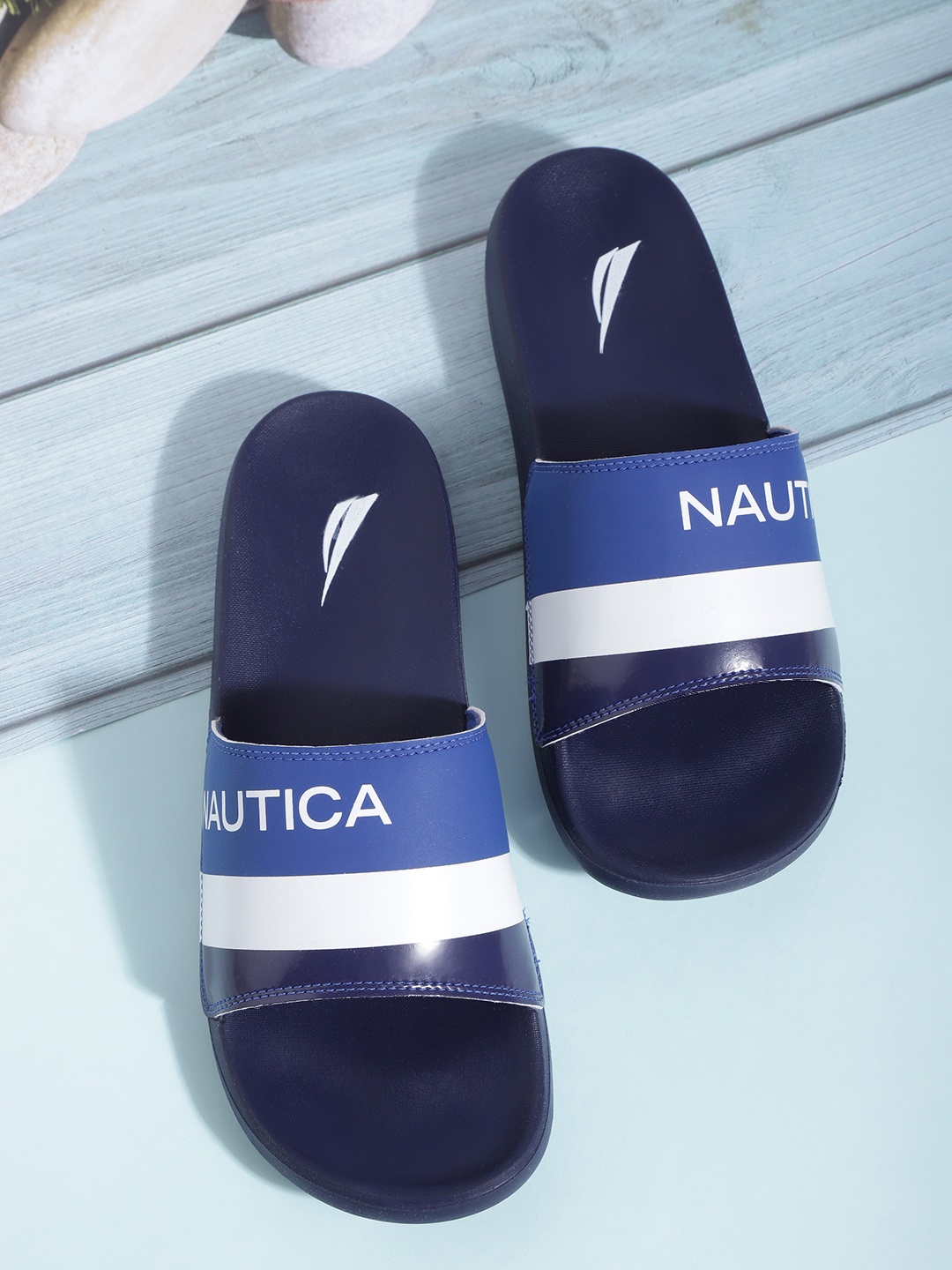 Nautica Men Blue & White Colourblocked Sliders with Brand Logo Print Detail