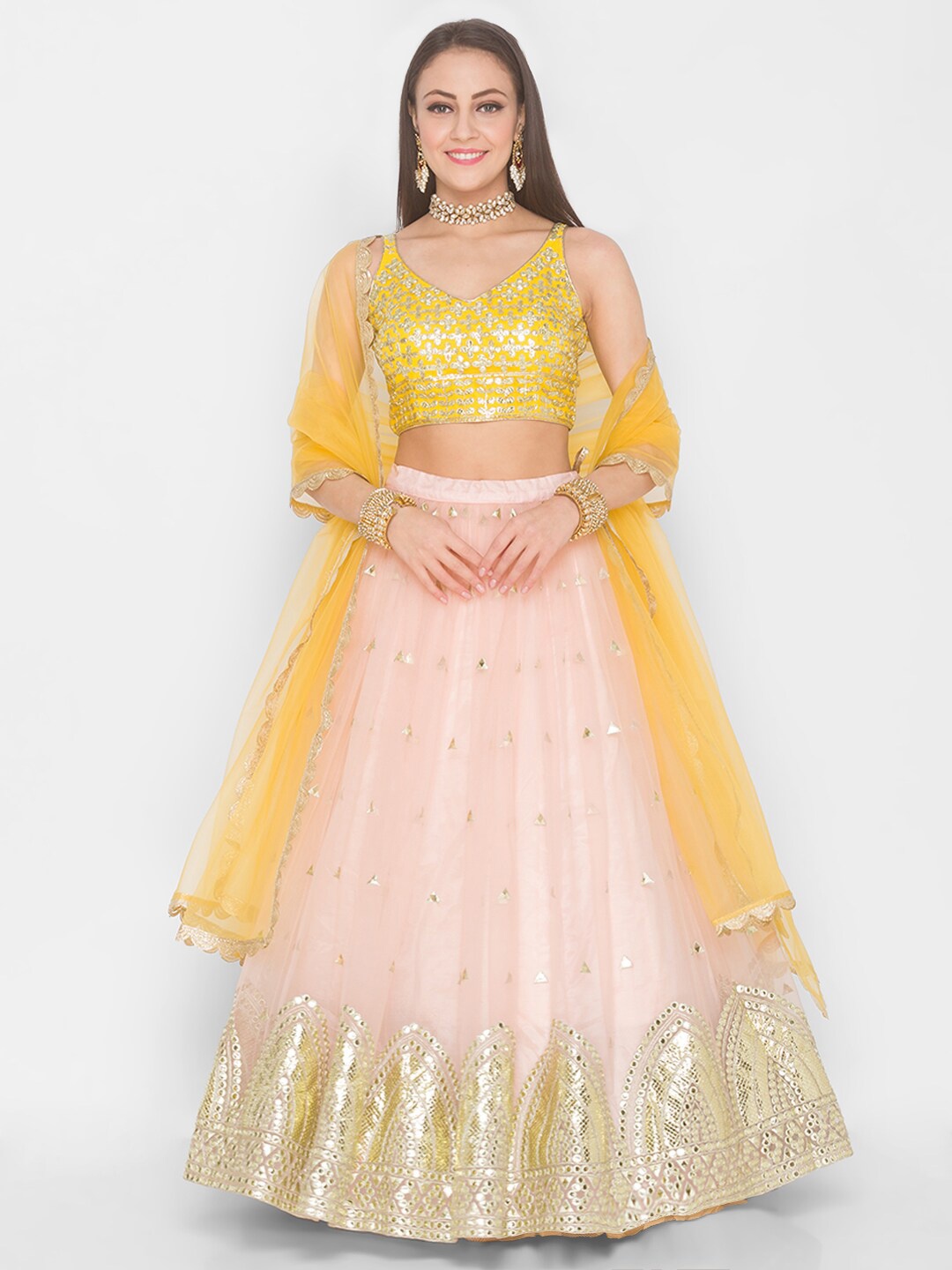 6Y COLLECTIVE Peach-Coloured & Yellow Embroidered Sequinned Semi-Stitched Lehenga Choli
6Y COLLECTIVE Peach-Coloured & Yellow Embroidered Sequinned Semi-Stitched Lehenga Choli