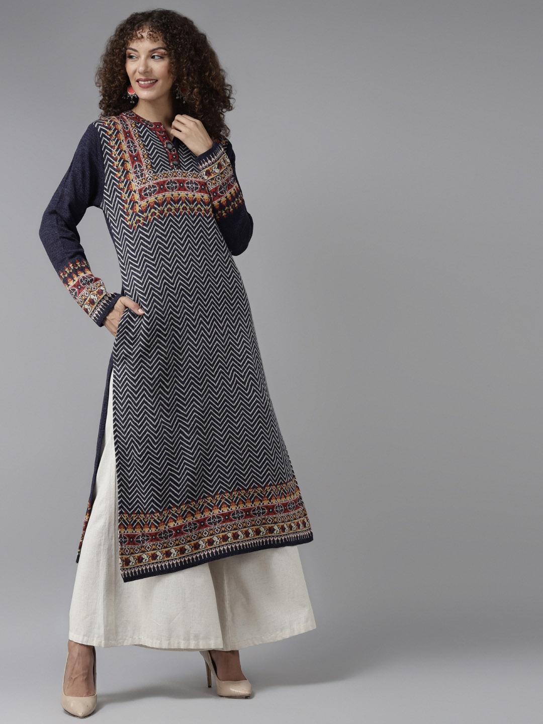 Cayman Women Navy Blue & White Ethnic Motifs Woven Design Woollen Straight Winter Kurta
Cayman Women Navy Blue & White Ethnic Motifs Woven Design Woollen Straight Winter Kurta
