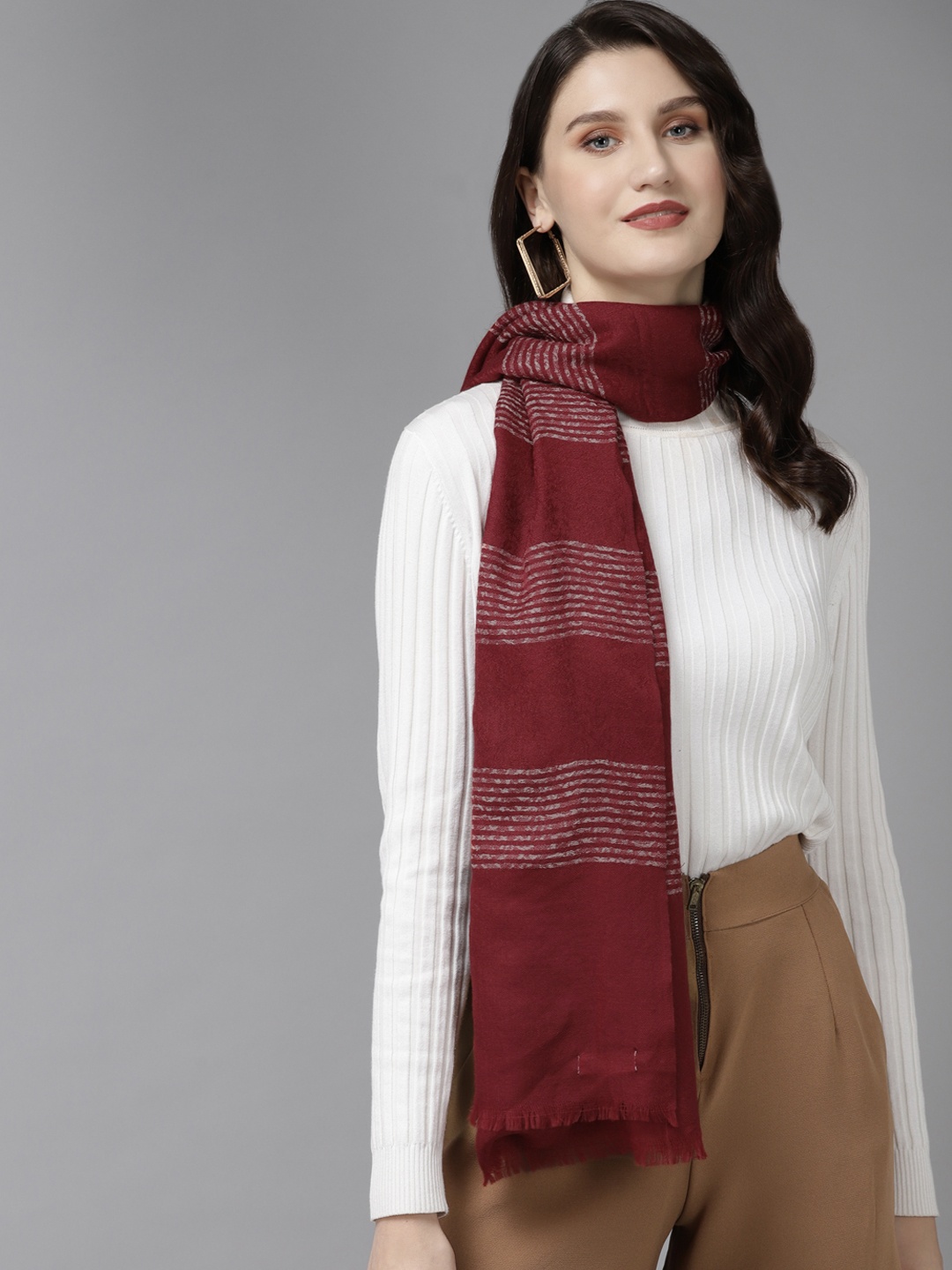 Cayman Women Maroon & Off White Woven Design Stole