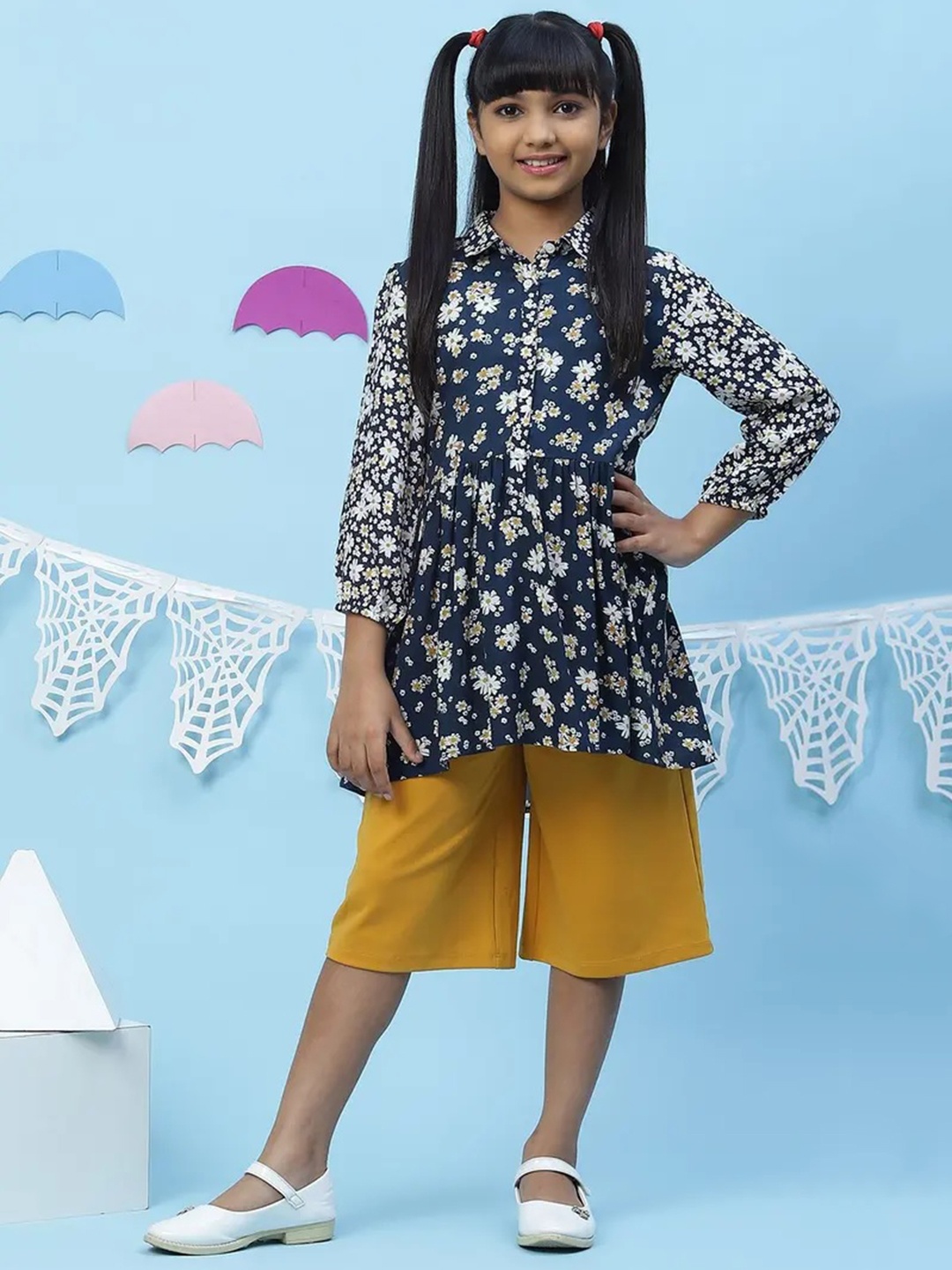 Biba Girls Navy Blue & White Floral Printed Kurta