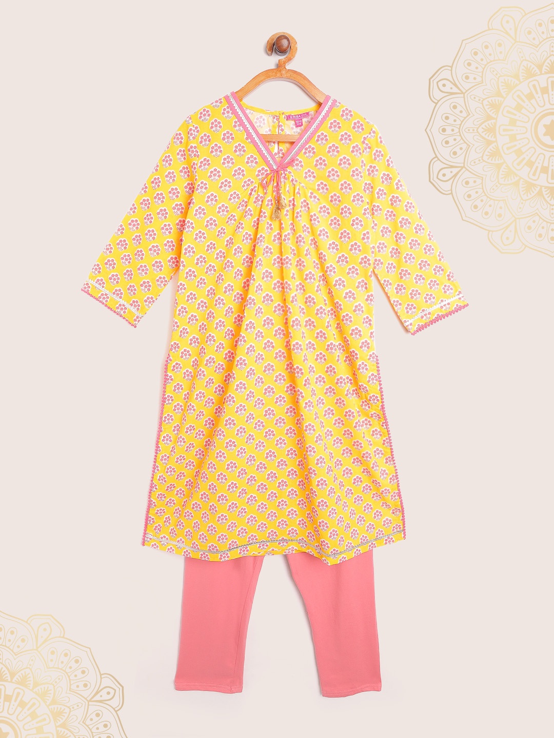 Biba Girls Yellow & Pink Floral Print Pleated Gotta Patti Detail Straight Kurta & Legging
Biba Girls Yellow & Pink Floral Print Pleated Gotta Patti Detail Straight Kurta & Legging