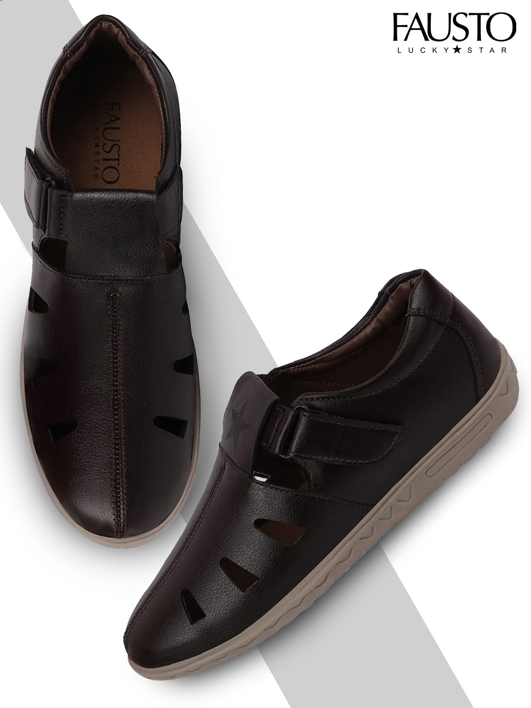FAUSTO Men Brown Laser Cut Shoe Style Sandals