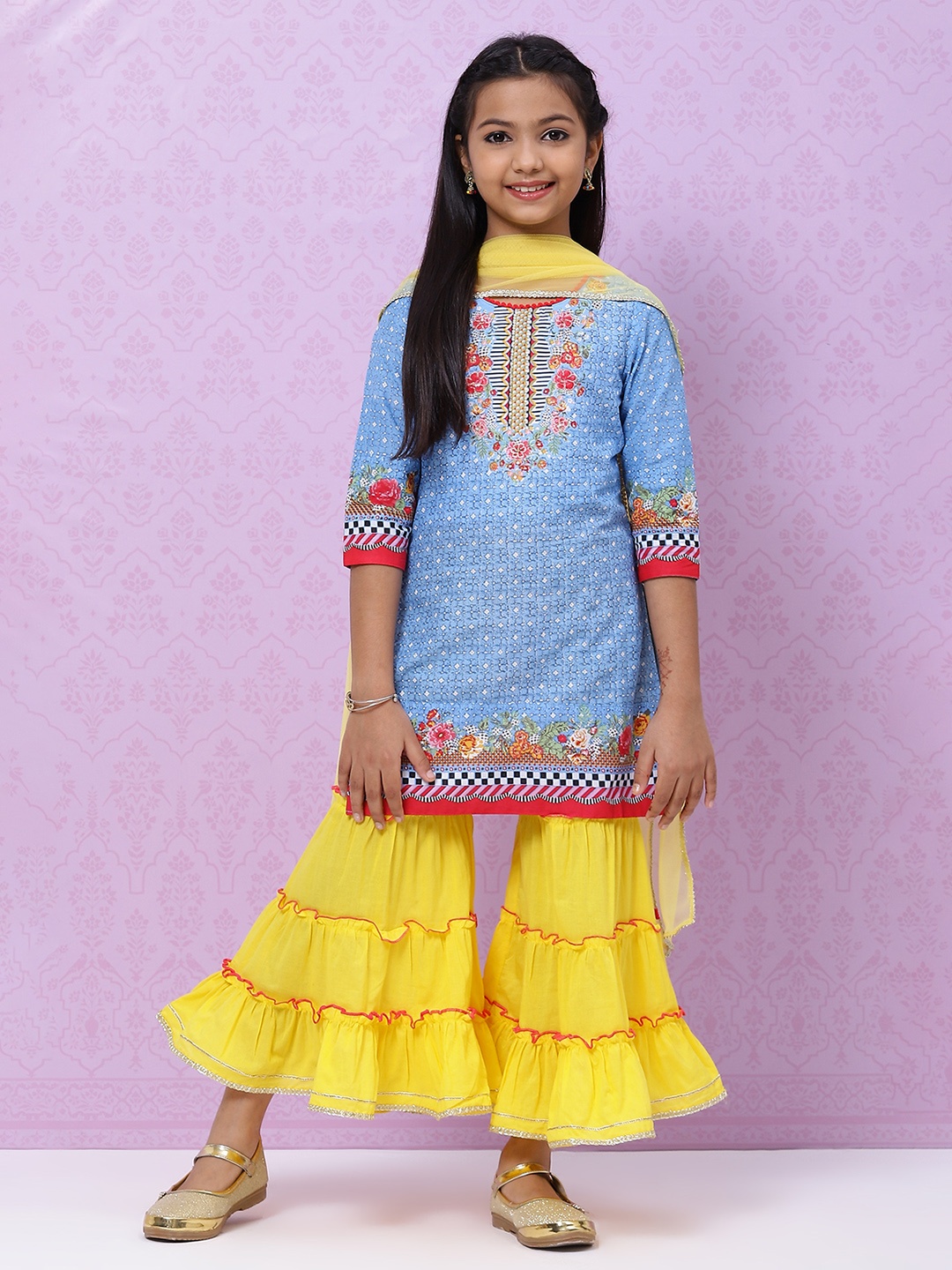 Biba Girls Blue & Yellow Ethnic Motifs Print Regular Cotton Kurta with Sharara & Dupatta
Biba Girls Blue & Yellow Ethnic Motifs Print Regular Cotton Kurta with Sharara & Dupatta