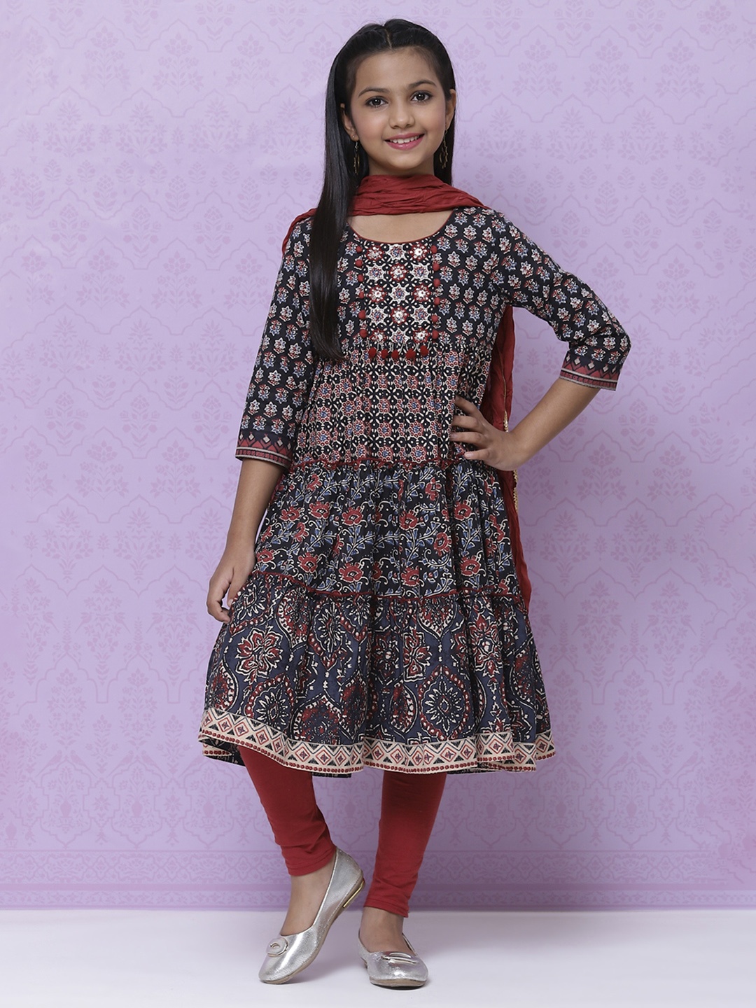 Biba Girls Blue & Red Ethnic Motifs Print Tiered Cotton Kurta with Churidar & Dupatta
Biba Girls Blue & Red Ethnic Motifs Print Tiered Cotton Kurta with Churidar & Dupatta