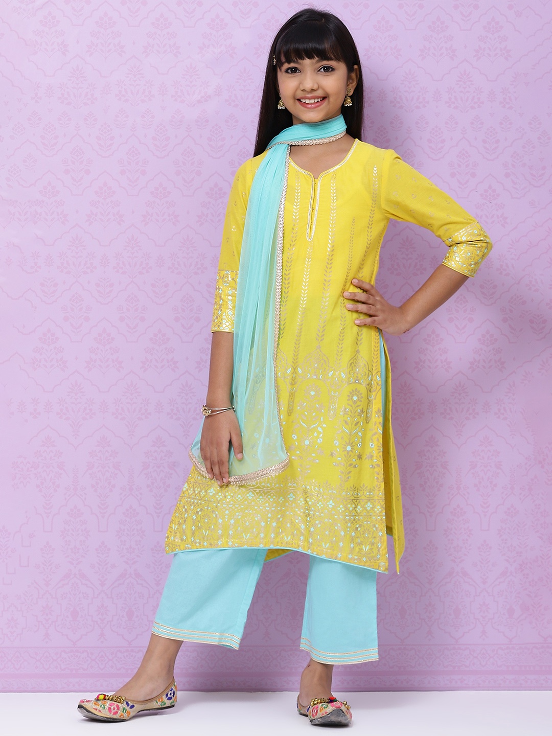 Biba Girls Yellow & Blue Ethnic Motifs Print Regular Cotton Kurta with Palazzos & Dupatta
Biba Girls Yellow & Blue Ethnic Motifs Print Regular Cotton Kurta with Palazzos & Dupatta