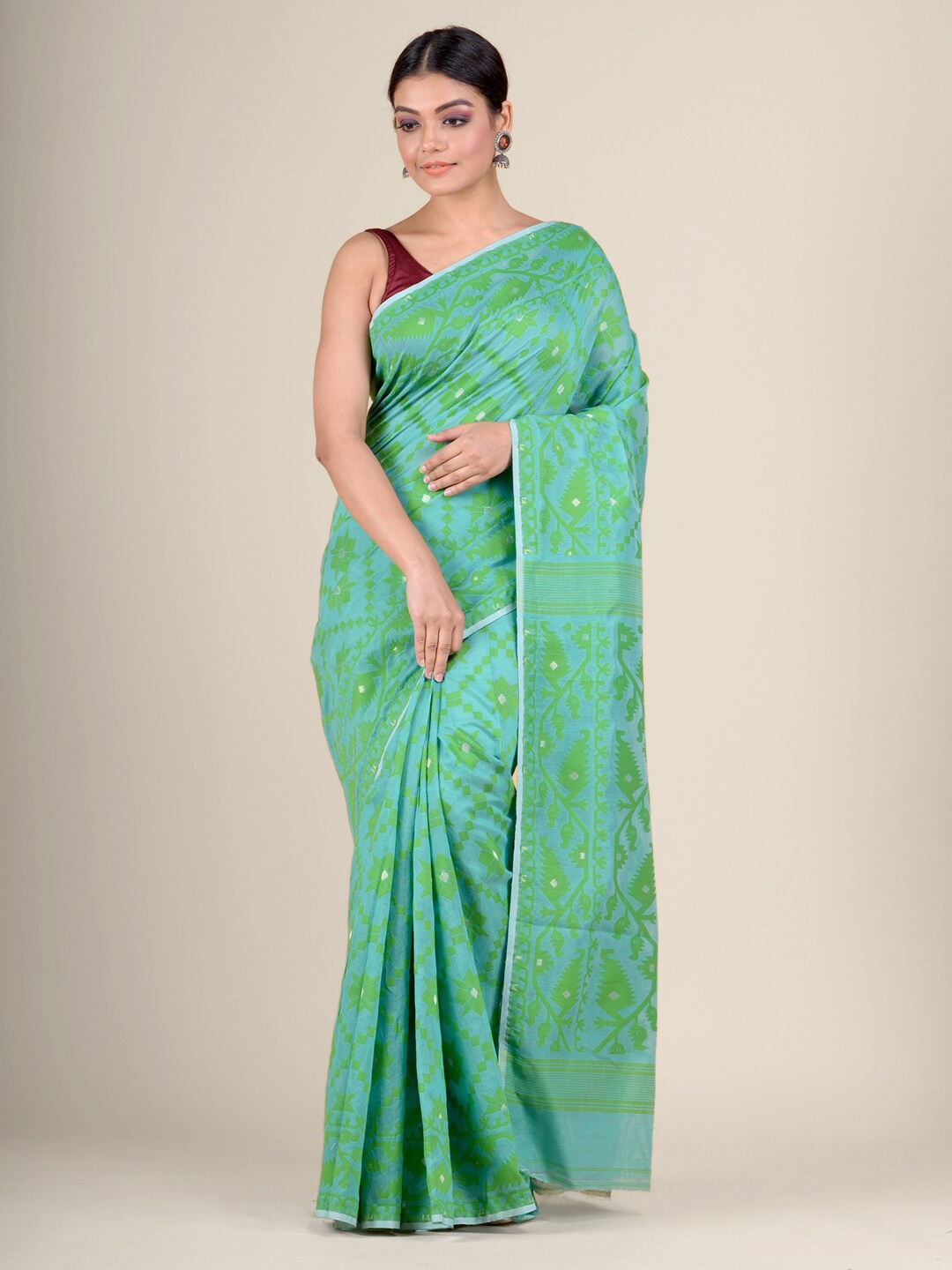Charukriti Blue & Green Floral Handloom Jamdani Saree