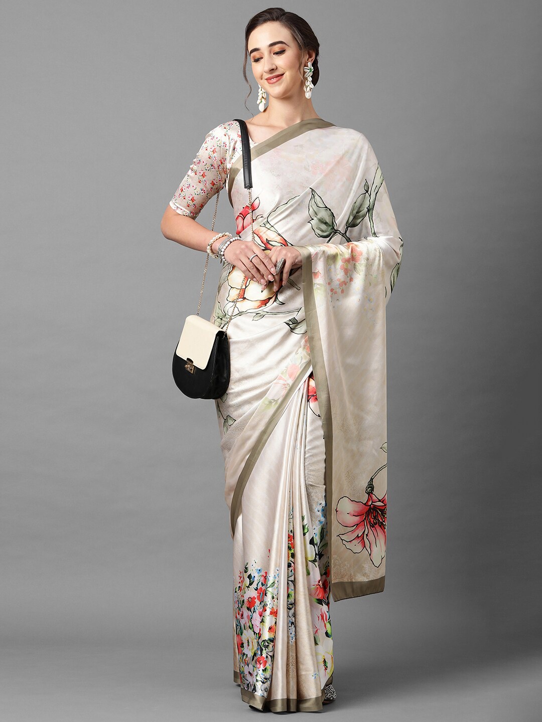 Mitera Beige & Red Floral Satin Saree