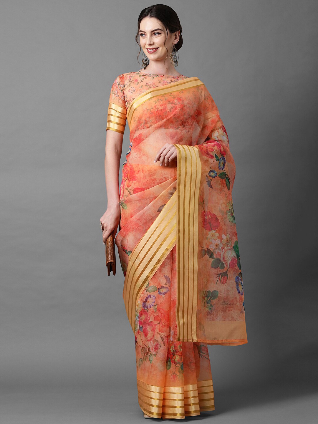 Mitera Orange & Green Floral Organza Saree