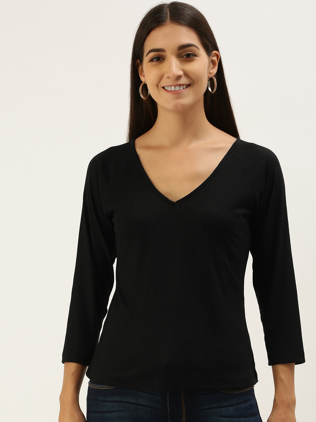 AND Women Black Striped Regular Top