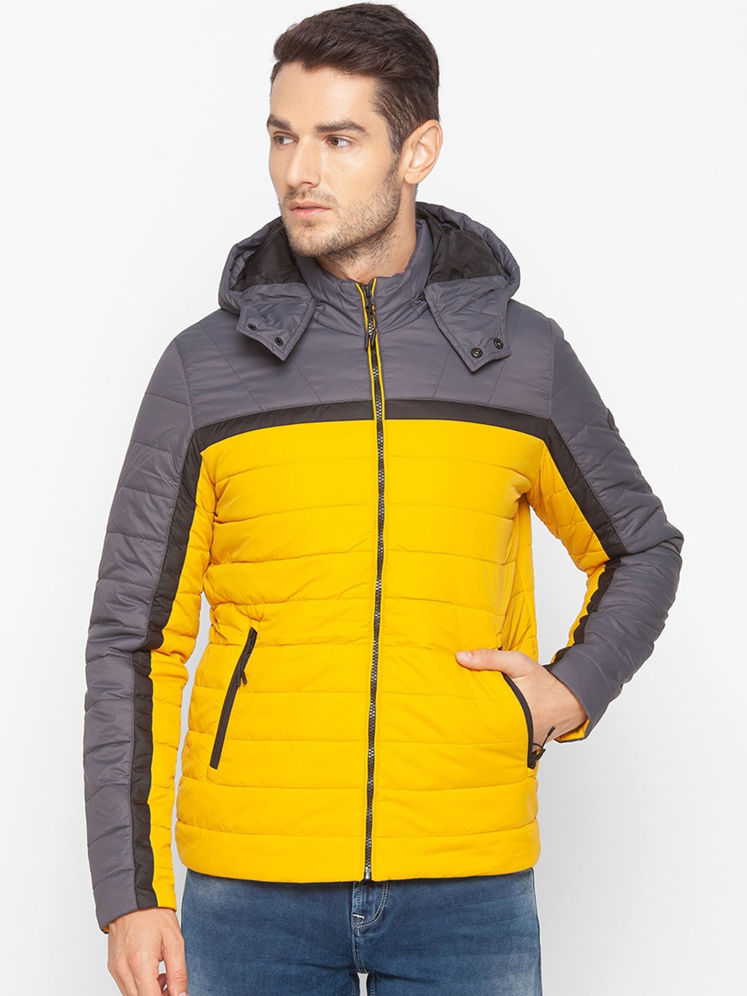 SPYKAR Men Yellow & Grey Colourblocked Padded Jacket