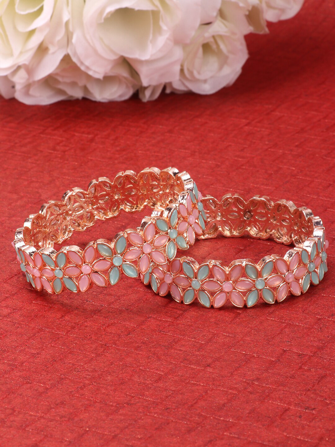 JEWELS GEHNA Set Of 2 Gold-Plated Pink & Turquoise Blue Stone-Studded Handcrafted Bangles
JEWELS GEHNA Set Of 2 Gold-Plated Pink & Turquoise Blue Stone-Studded Handcrafted Bangles