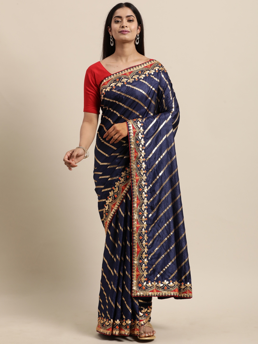 Mitera Navy Blue & Golden Striped Poly Silk Saree