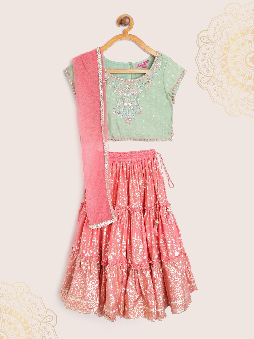 Biba Girls Peach-Coloured & Green Sequinned Ready to Wear Lehenga & Blouse With Dupatta
Biba Girls Peach-Coloured & Green Sequinned Ready to Wear Lehenga & Blouse With Dupatta