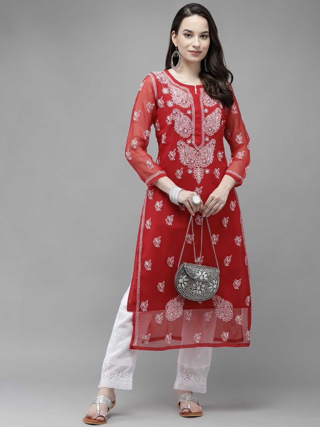 ADA Women Red Ethnic Motifs Embroidered Chikankari Georgette Handloom Kurta with a Matching Slip
ADA Women Red Ethnic Motifs Embroidered Chikankari Georgette Handloom Kurta with a Matching Slip