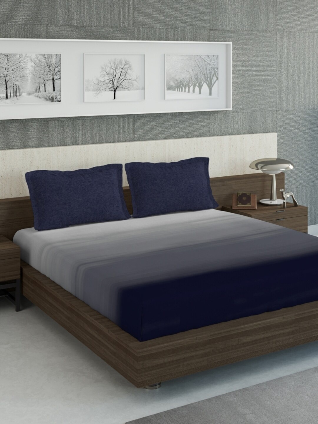 DDecor Grey & Navy Blue 130 TC Queen Bedsheet with 2 Pillow Covers
