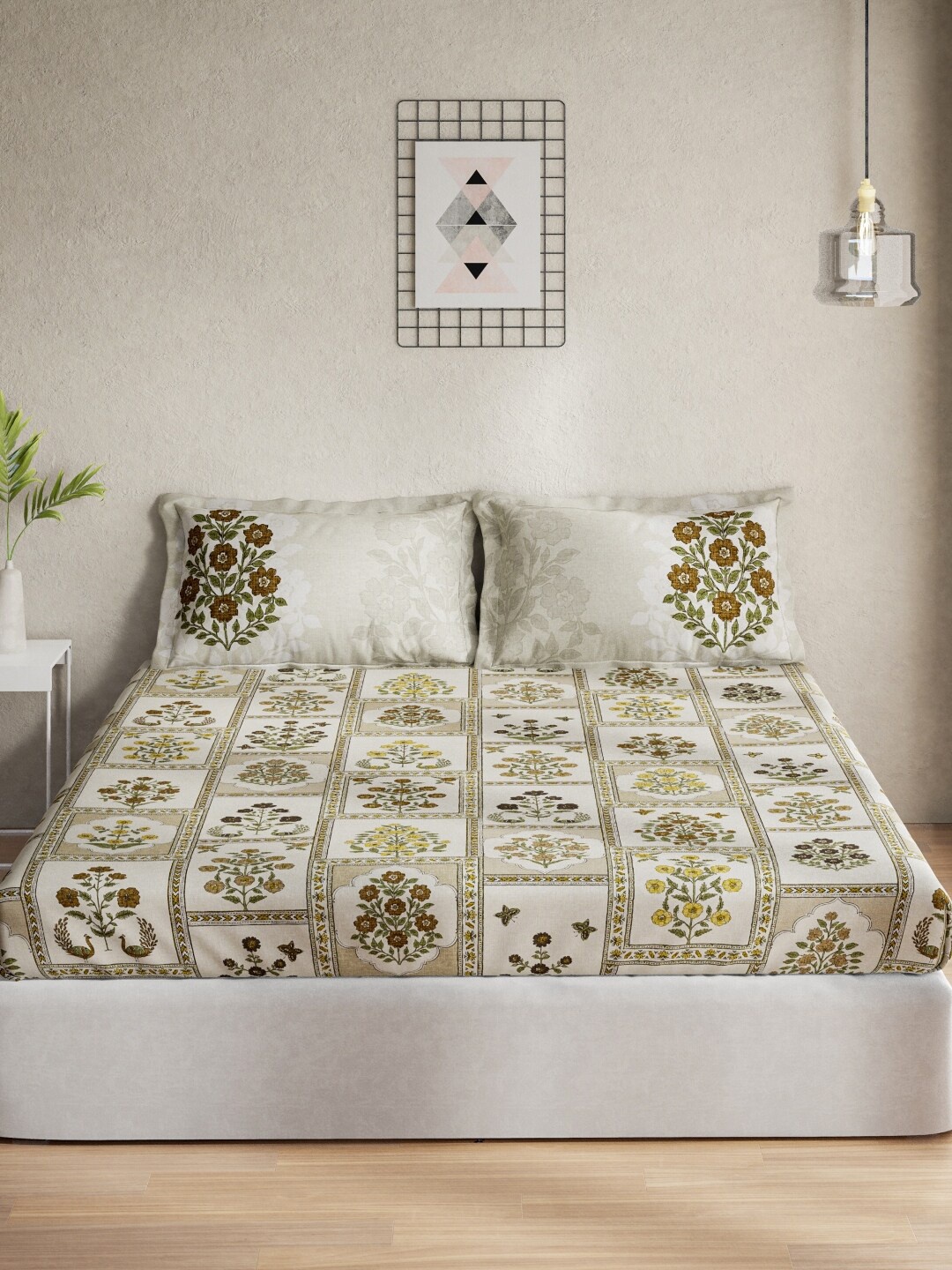 DDecor Beige & Brown Ethnic Motifs 140 TC Queen Bedsheet with 2 Pillow Covers