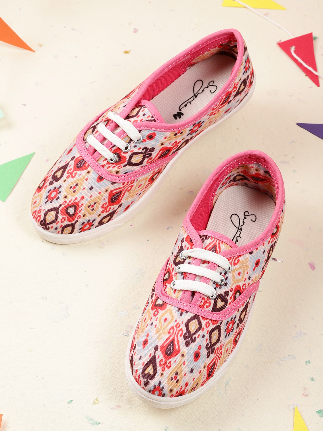 Sangria Women Off White & Pink Printed Sneakers