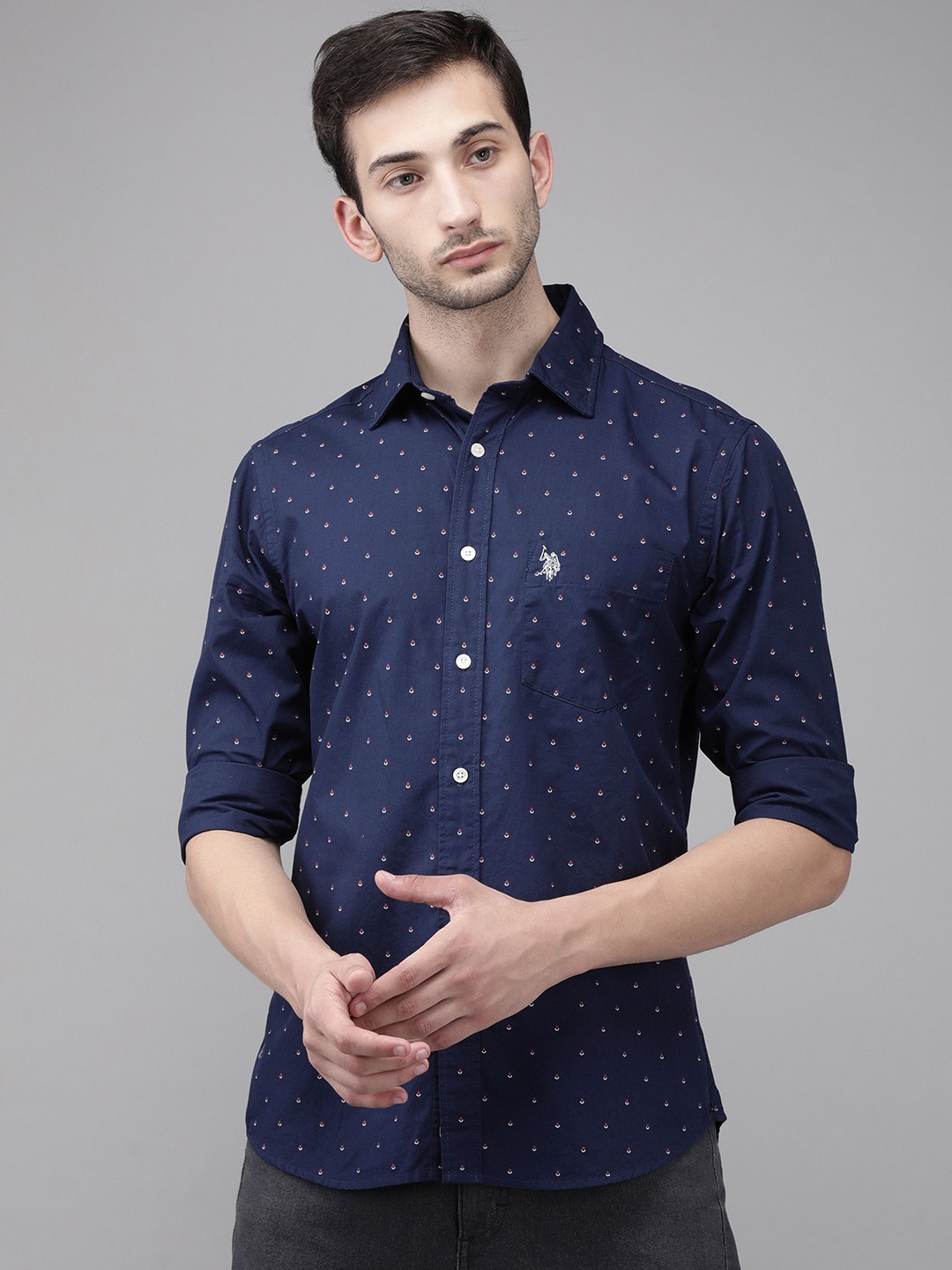 U S Polo Assn Men Blue & Red Micro Disty Printed Tailored Fit Pure Cotton Casual Shirt
U S Polo Assn Men Blue & Red Micro Disty Printed Tailored Fit Pure Cotton Casual Shirt