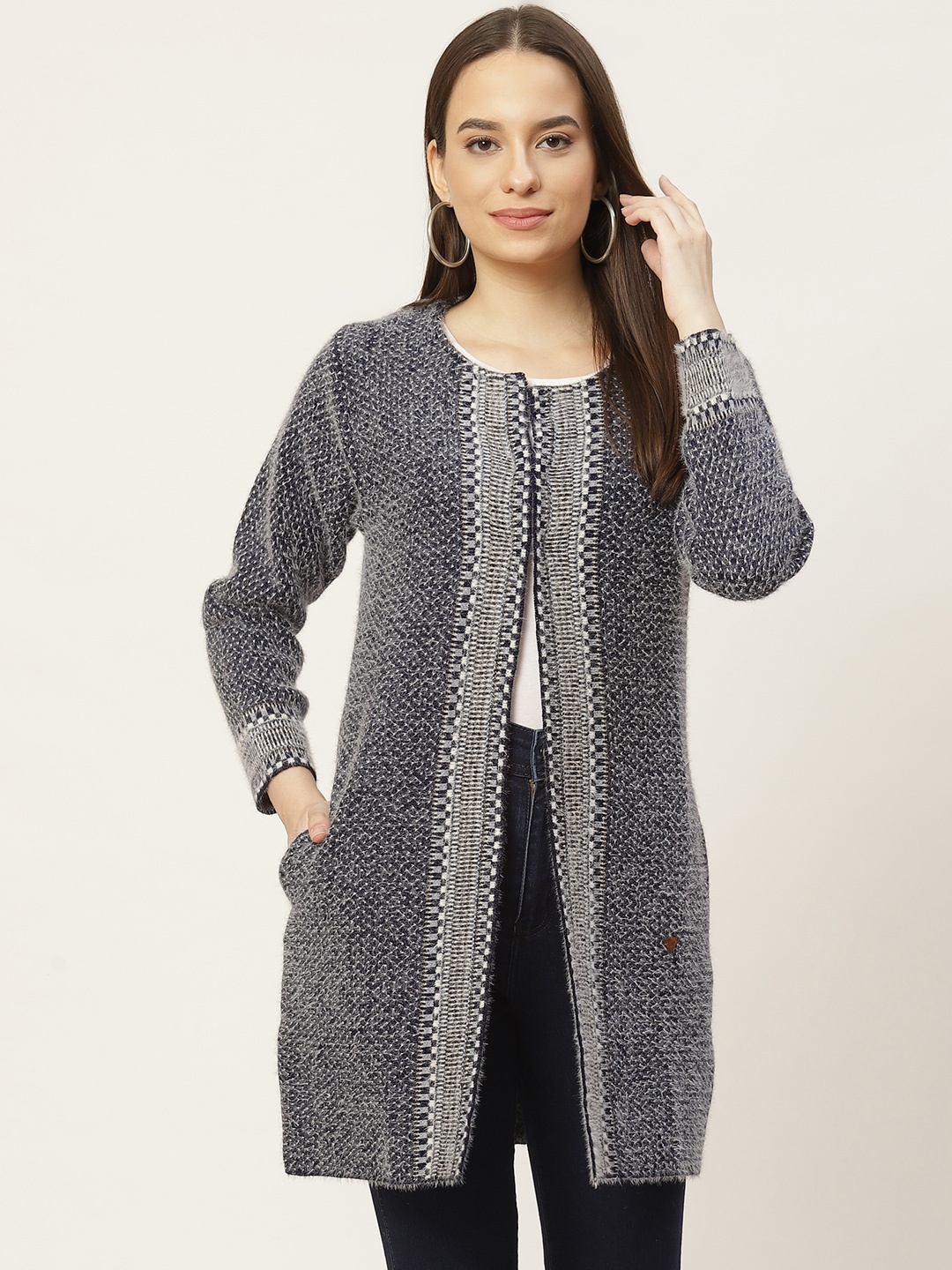 Duke Women Navy Blue & White Woven Design Longline Open Front Sweater with Fuzzy Detail
Duke Women Navy Blue & White Woven Design Longline Open Front Sweater with Fuzzy Detail