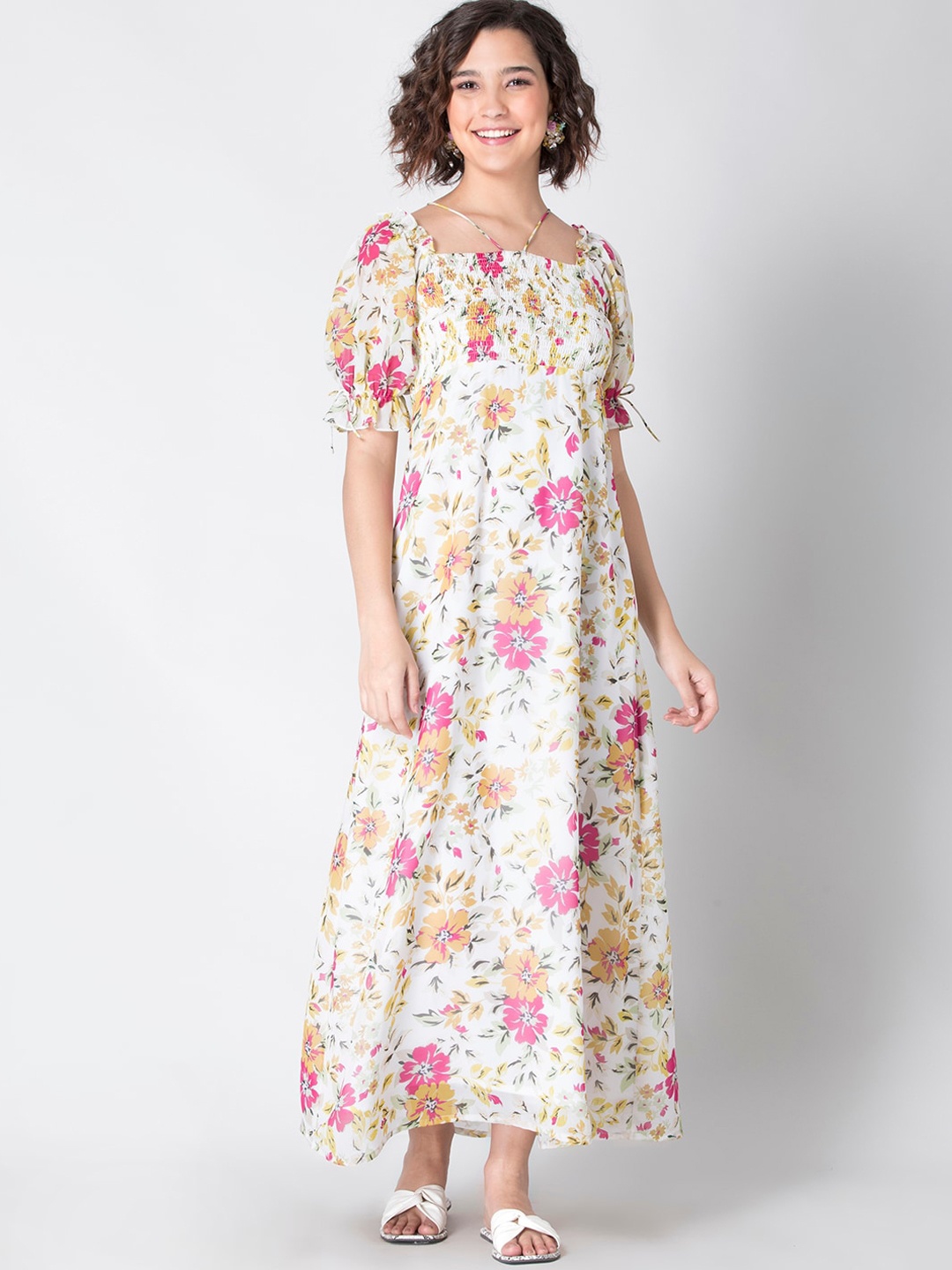 FabAlley White & Pink Tropical Printed Smocked Georgette Maxi Dress