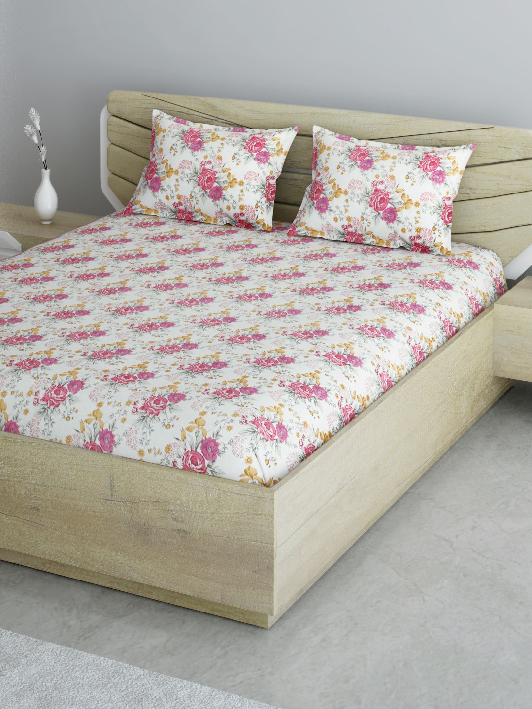 Aura White & Pink Cotton Floral Print 144 TC 120 GSM Queen Bedsheet with 2 Pillow Covers
Aura White & Pink Cotton Floral Print 144 TC 120 GSM Queen Bedsheet with 2 Pillow Covers