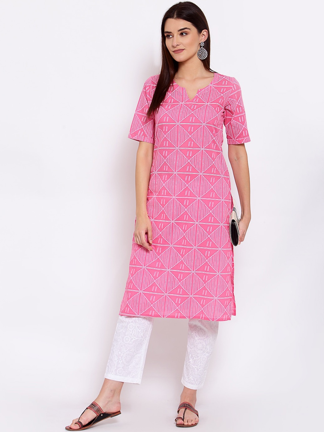 Yuris Women Pink & White Geometric Printed Kurta