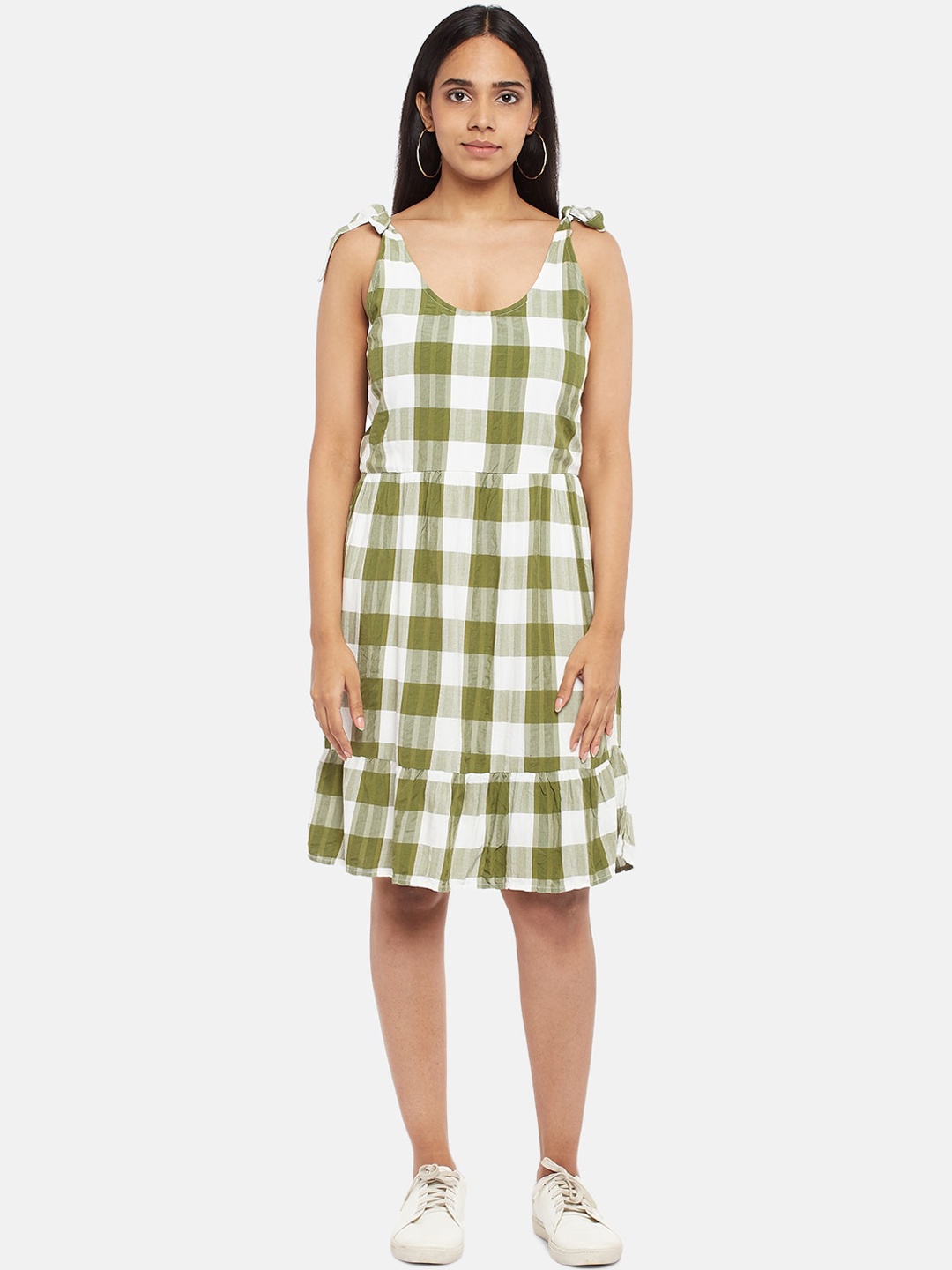 People Green & White Checked A-Line Dress