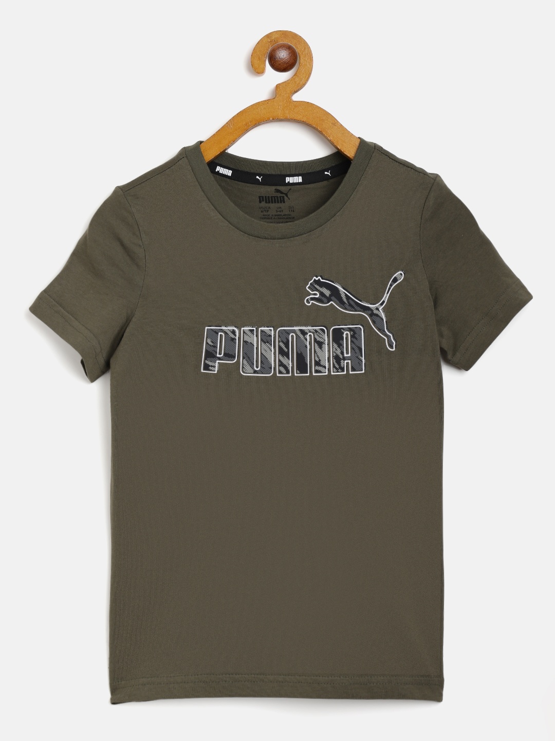 Puma Boys Olive Green Grey Pure Cotton Regular Fit Brand Logo Graphic Pure Cotton T-shirt