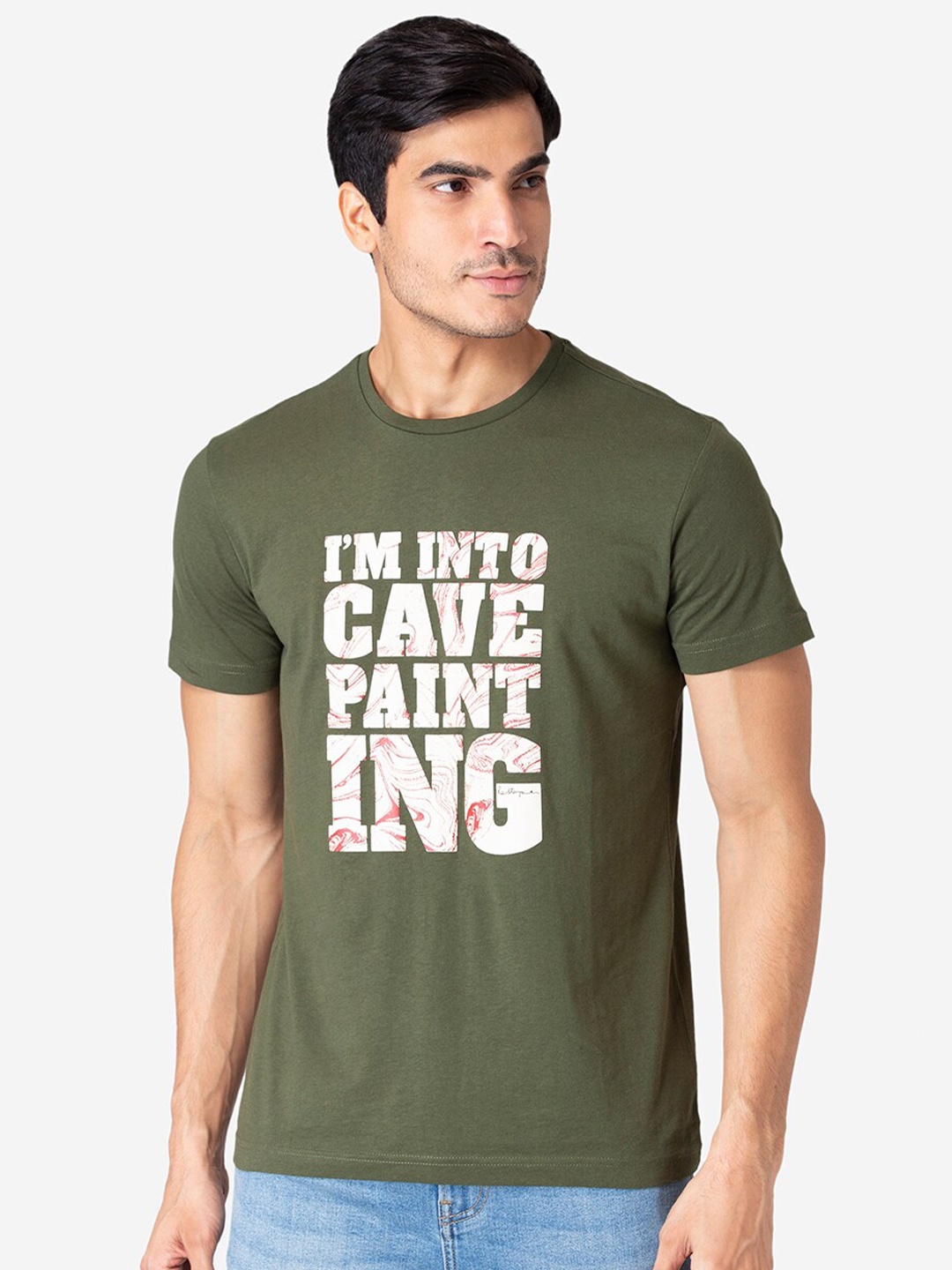 Red Tape Men Olive Green White Typography Printed Pure Cotton T-shirt