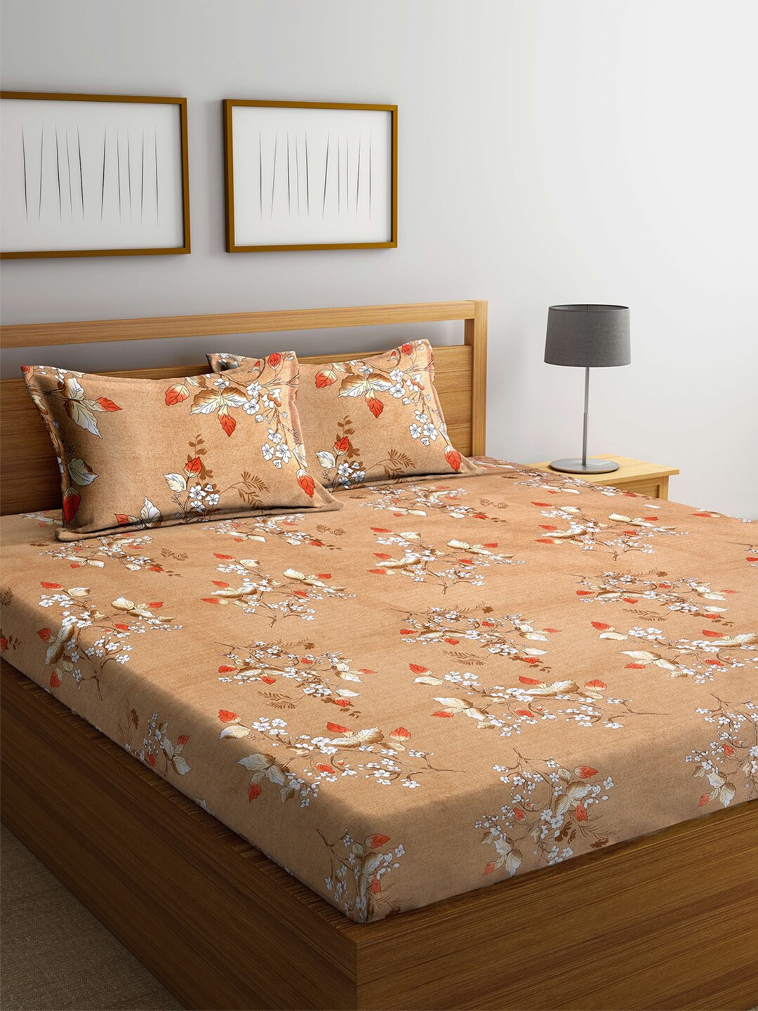 Arrabi Beige & White Floral 300 TC King Bedsheet With 2 Pillow Covers