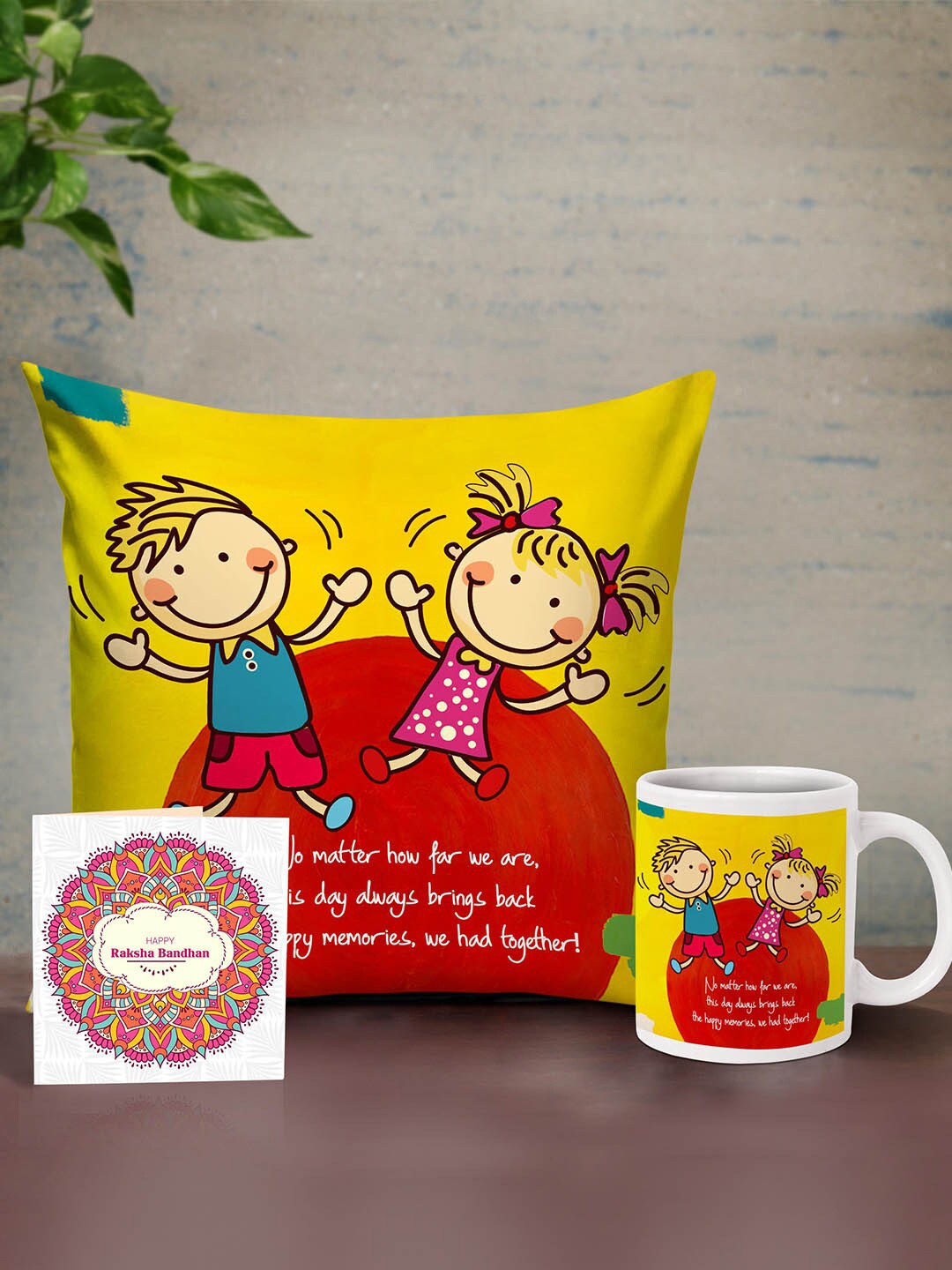 TIED RIBBONS Muliticolored Cushion, Mug & Card Rakhi Return Gift Set for Sister, Multi
TIED RIBBONS Muliticolored Cushion, Mug & Card Rakhi Return Gift Set for Sister, Multi