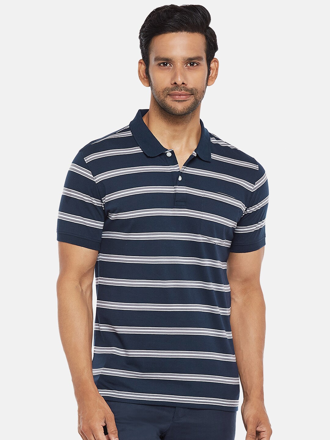BYFORD by Pantaloons Men Navy Blue Grey Striped Polo Collar Pockets Slim Fit Pure Cotton T-shirt
BYFORD by Pantaloons Men Navy Blue Grey Striped Polo Collar Pockets Slim Fit Pure Cotton T-shirt