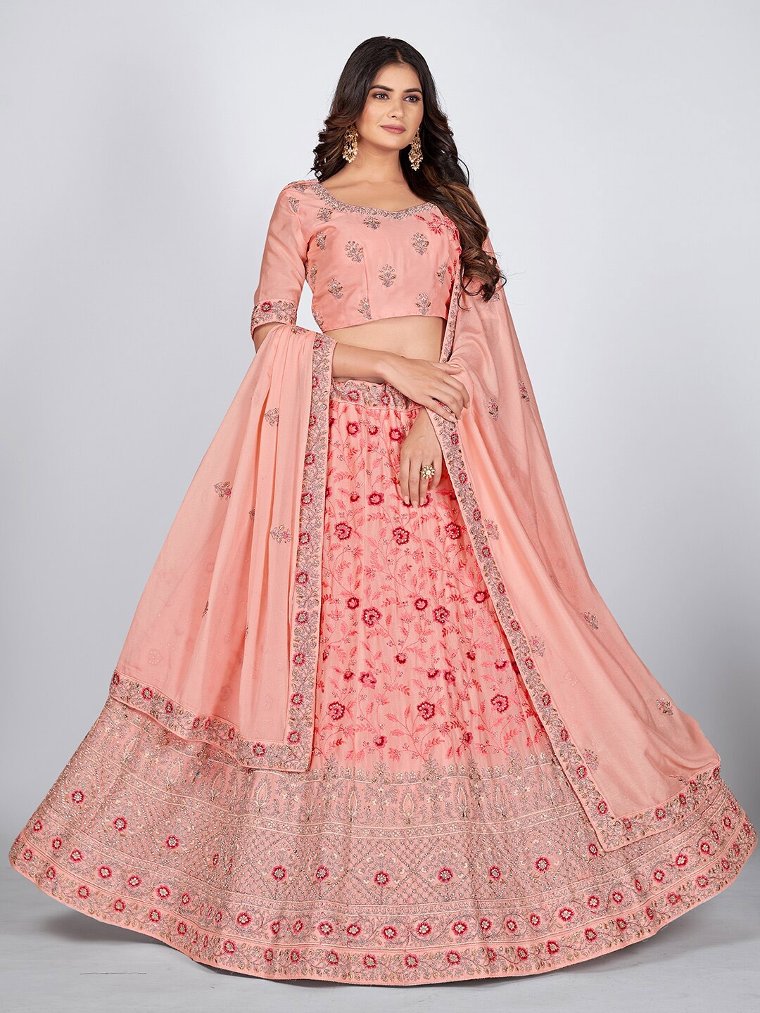 SHOPGARB Peach-Coloured & Red Embellished Beads and Stones Semi-Stitched Lehenga & Unstitched Blouse With
SHOPGARB Peach-Coloured & Red Embellished Beads and Stones Semi-Stitched Lehenga & Unstitched Blouse With