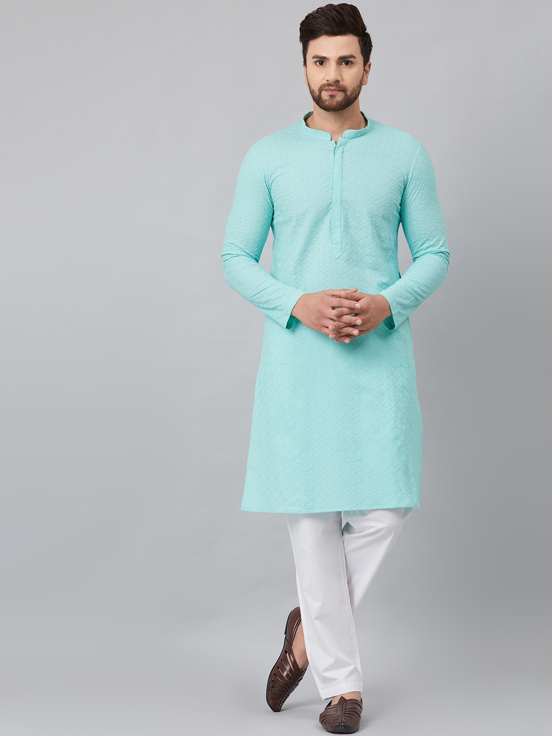 See Designs Men Turquoise Blue Embroidered Regular Chikankari Pure Cotton Kurta with Pyjamas
See Designs Men Turquoise Blue Embroidered Regular Chikankari Pure Cotton Kurta with Pyjamas