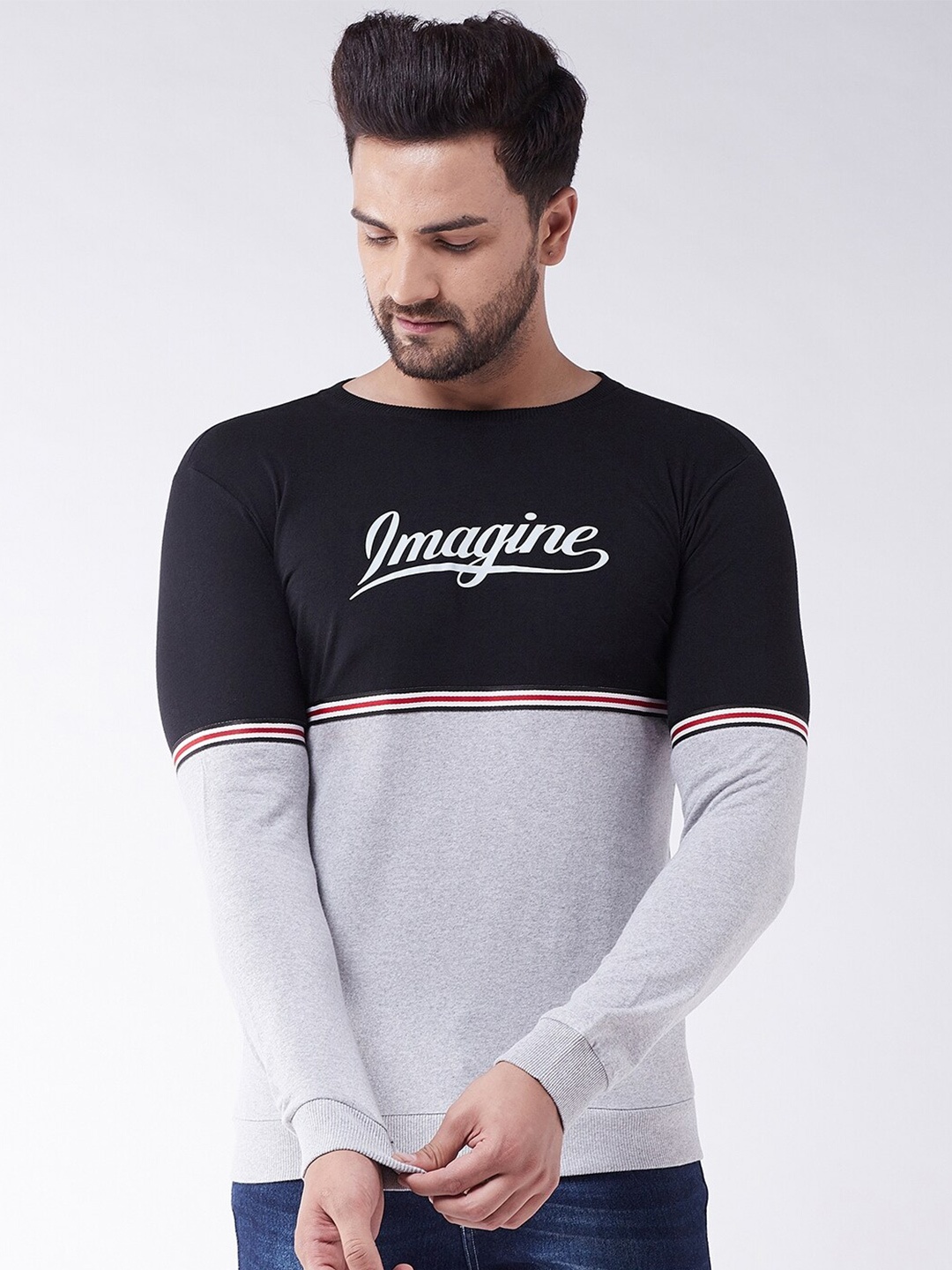 GRITSTONES Men Black & Grey Colourblocked Cotton T-shirt