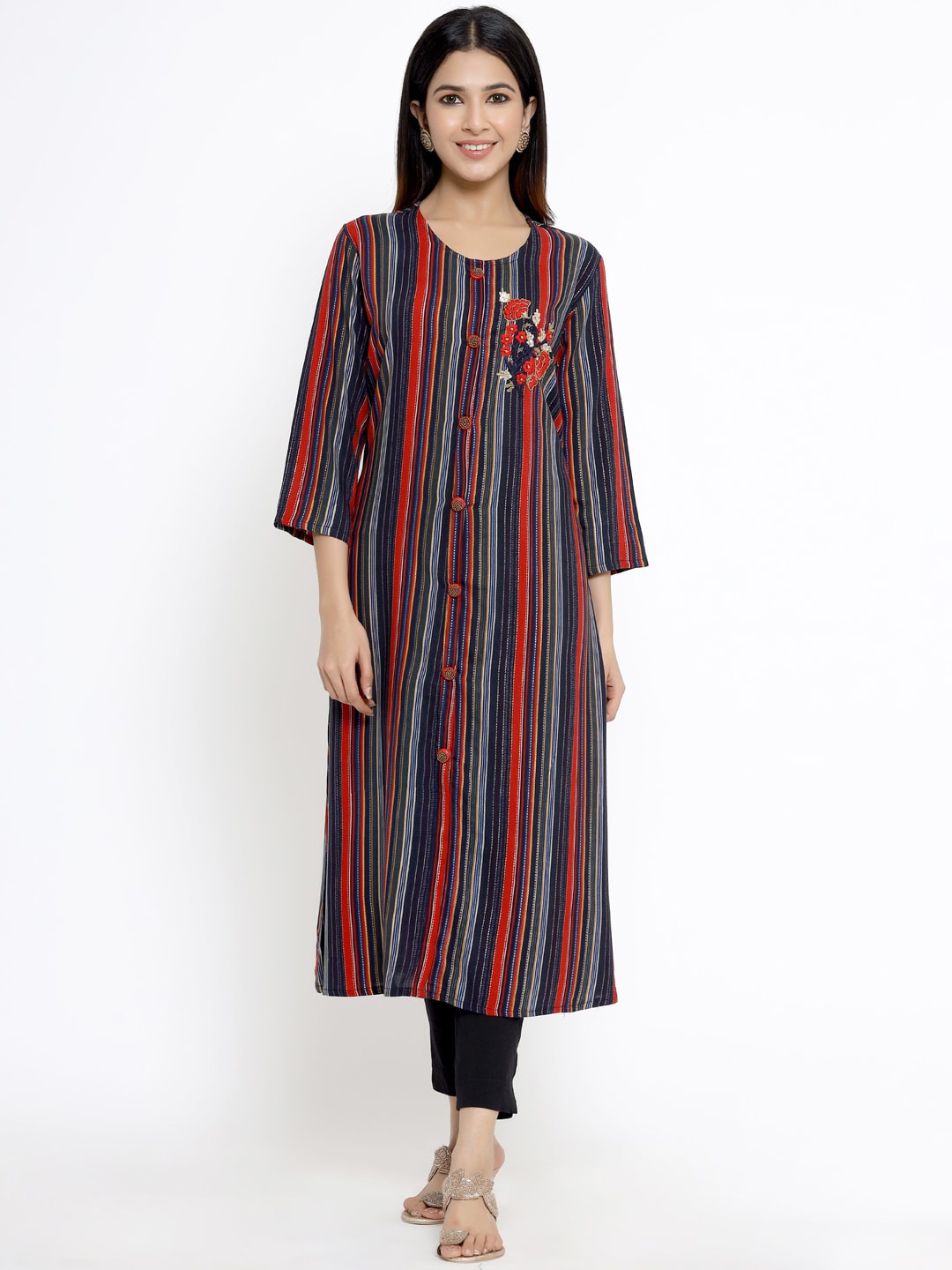 DIVYANK Women Navy Blue & Red Striped Thread Work Kurta