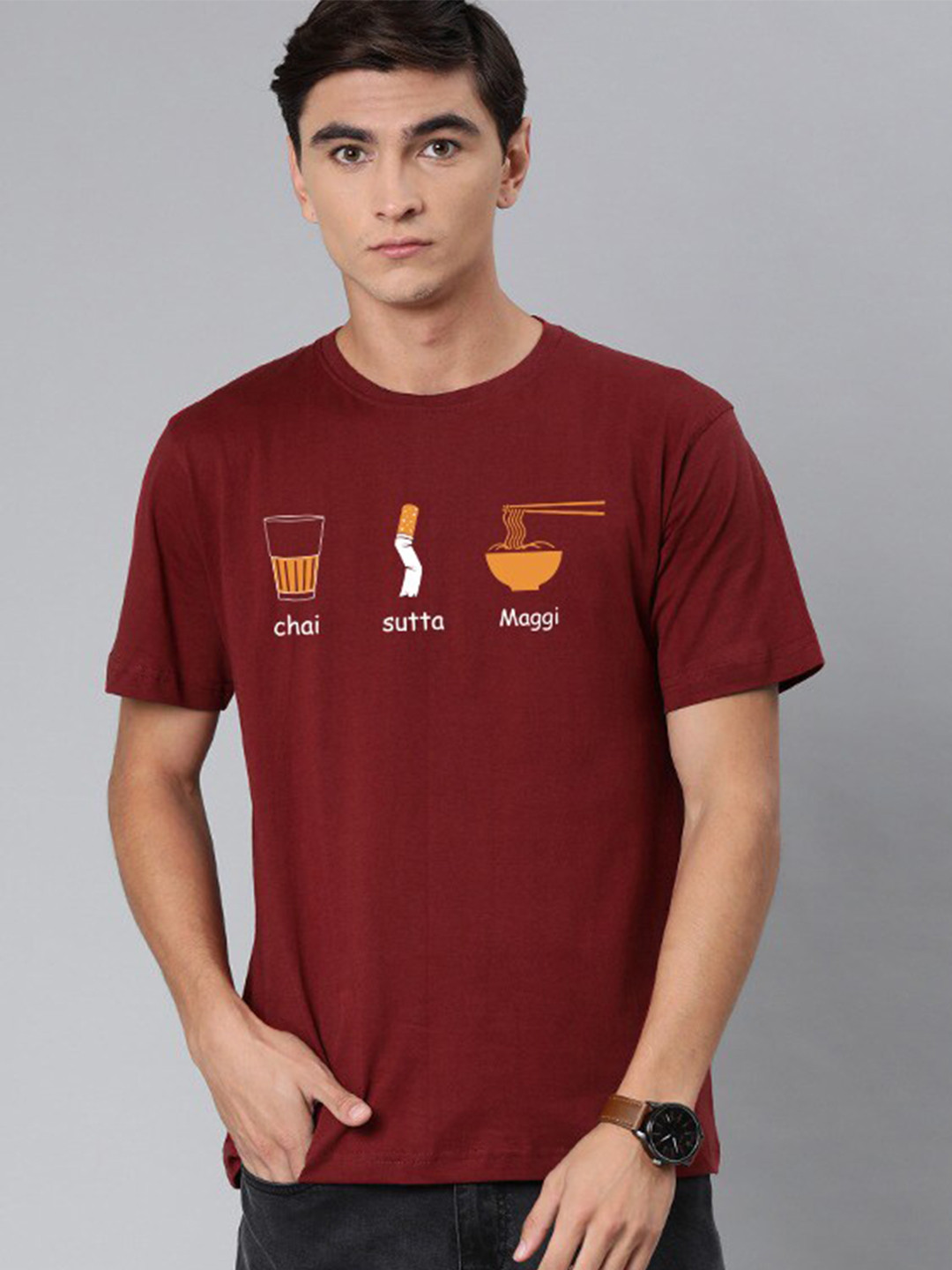 BE AWARA Men Maroon Printed Cotton T-shirt
BE AWARA Men Maroon Printed Cotton T-shirt