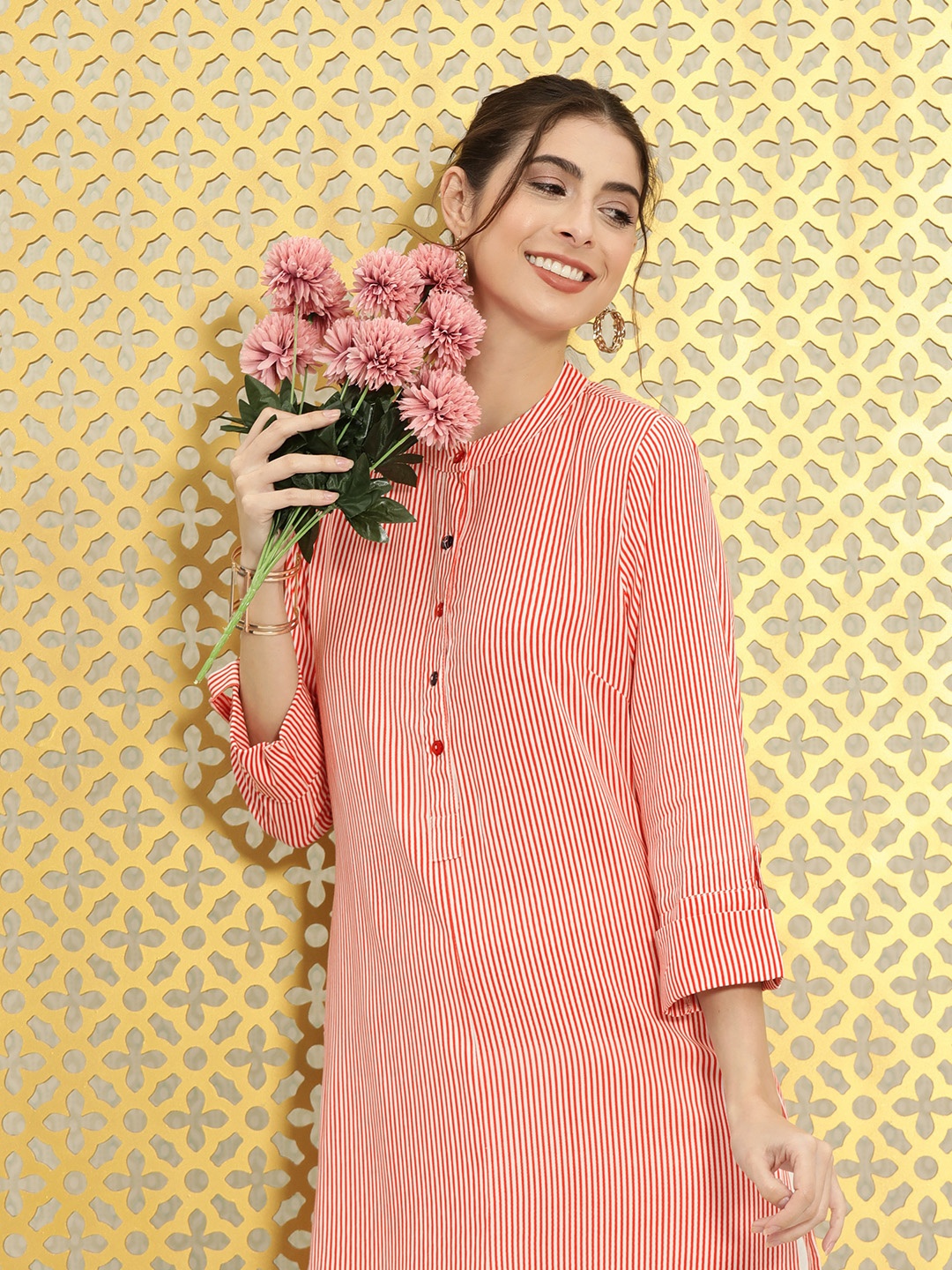 Ode by House of Pataudi Women White & Red Striped Roll-Up Sleeves Rozana Kurta