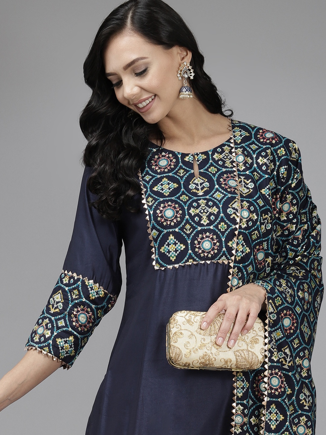 Indo Era Women Navy Blue & Yellow Yoke Design Gotta Patti Kurta with Trousers & Dupatta
Indo Era Women Navy Blue & Yellow Yoke Design Gotta Patti Kurta with Trousers & Dupatta