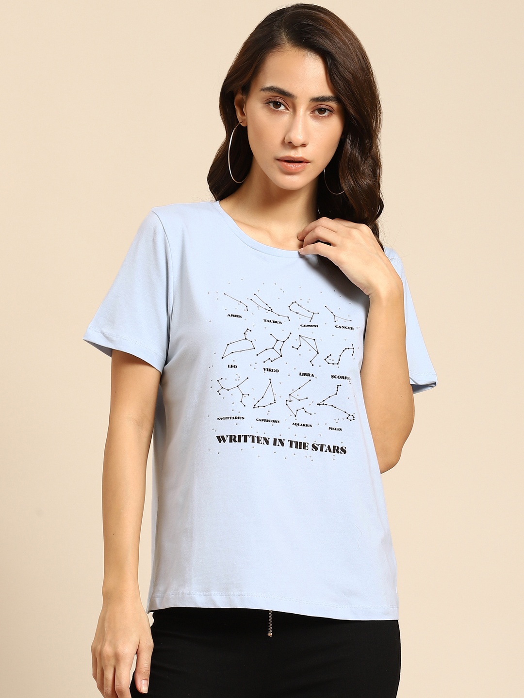 COVER STORY Women Blue Typography Printed Slim Fit T-shirt