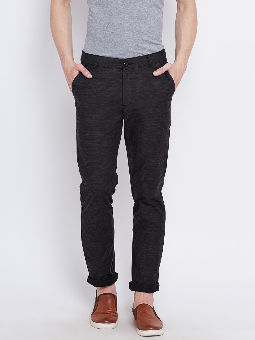 United Colors of Benetton Men Charcoal Grey Patterned Slim Fit Casual Trousers