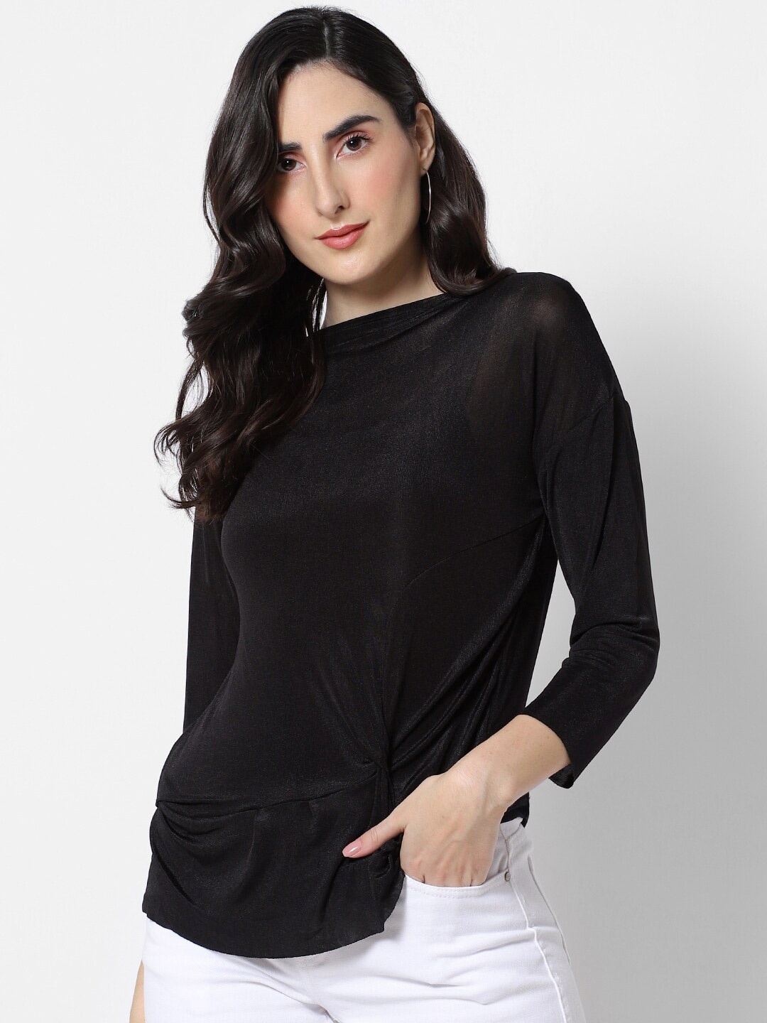 MARCA Disati Women Black Solid Semi Sheer Regular Top