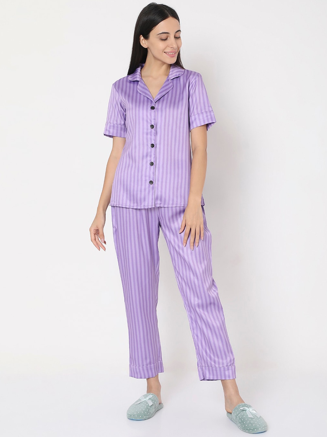 Smarty Pants Women Purple Striped Night Suit