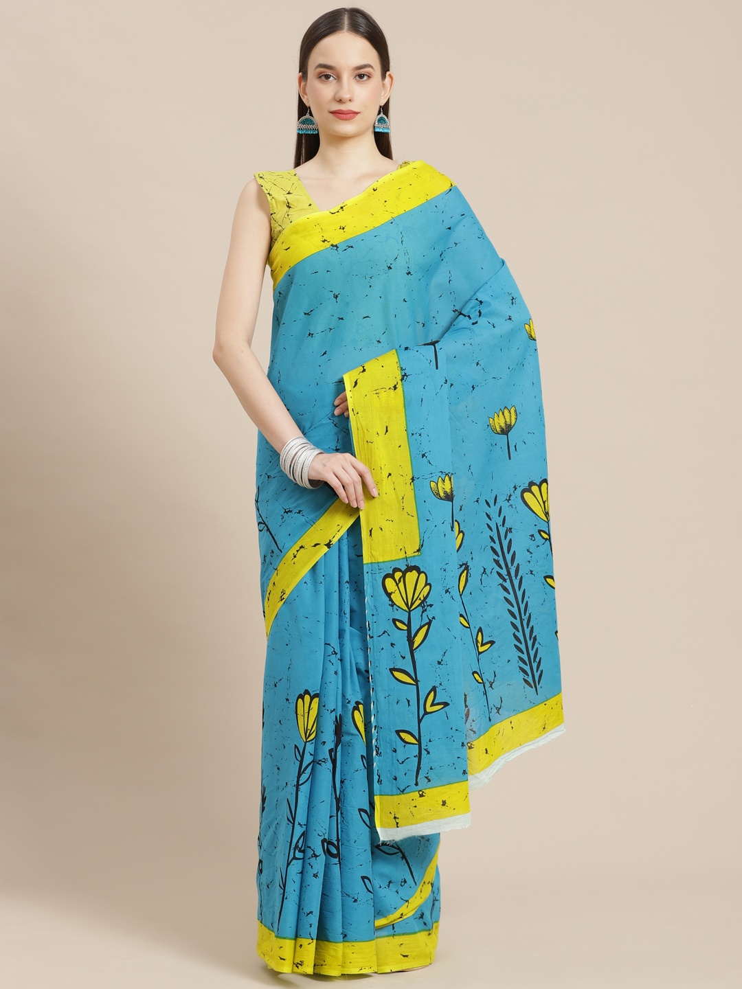 mokshi Blue & Yellow Floral Pure Cotton Saree