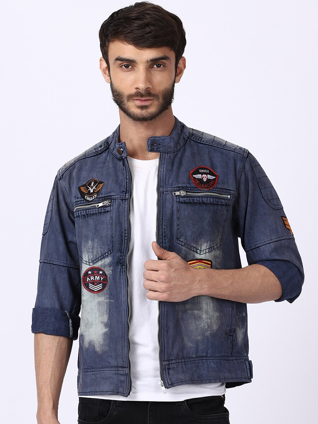 VOXATI Men Blue Washed Denim Jacket