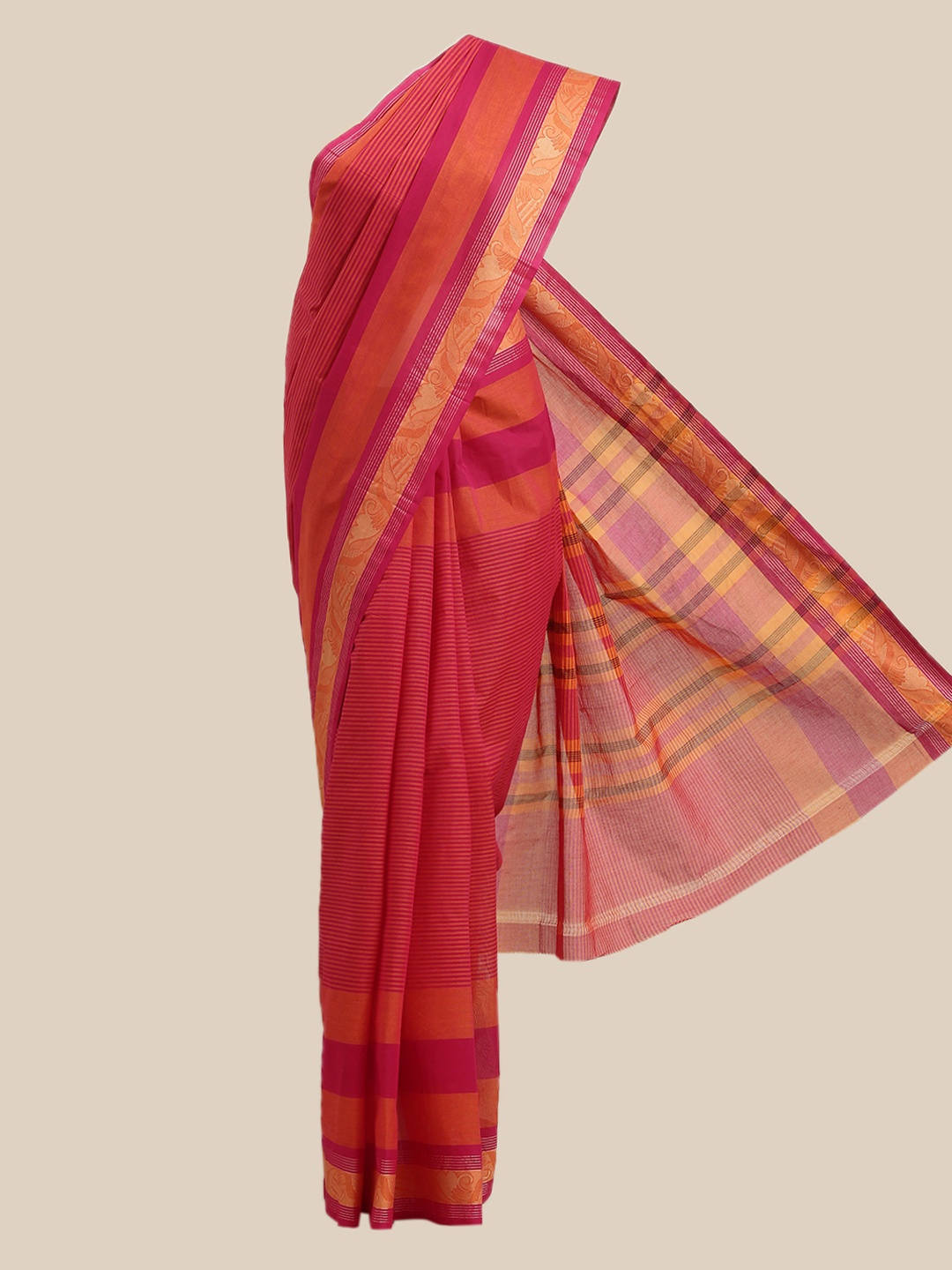 The Chennai Silks Pink & Orange Striped Pure Cotton Saree