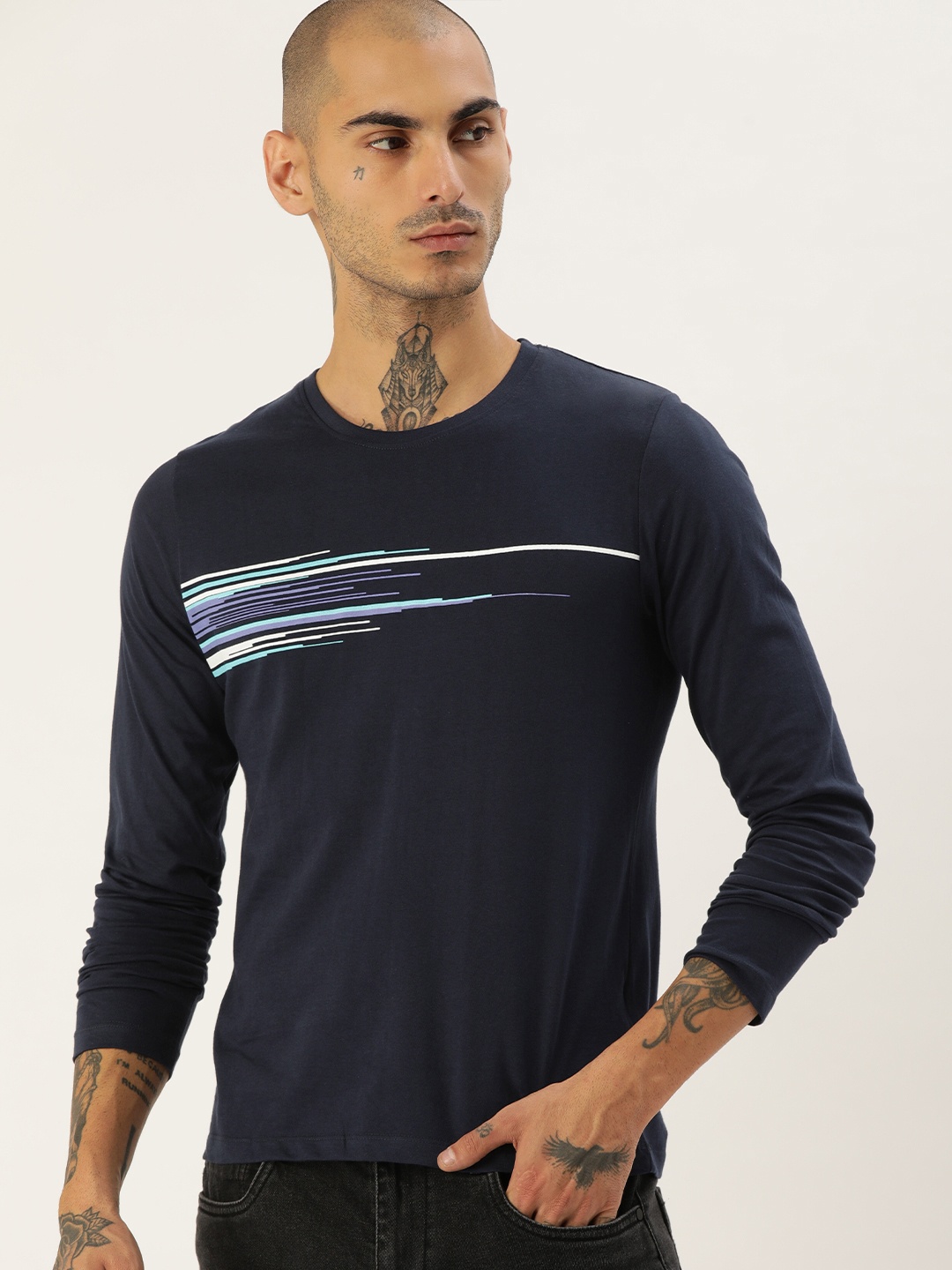 SINGLE Men Navy Blue Striped Pure Cotton T-shirt