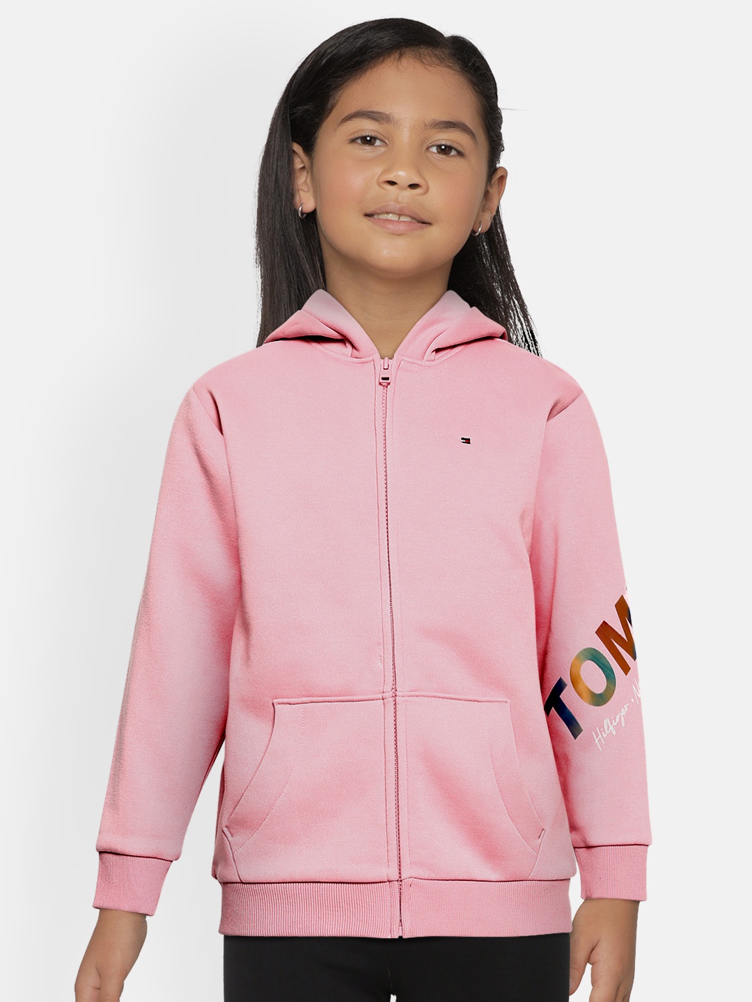 Tommy Hilfiger Girls Pink MULTI SHINE Brand Logo Hooded Sweatshirt